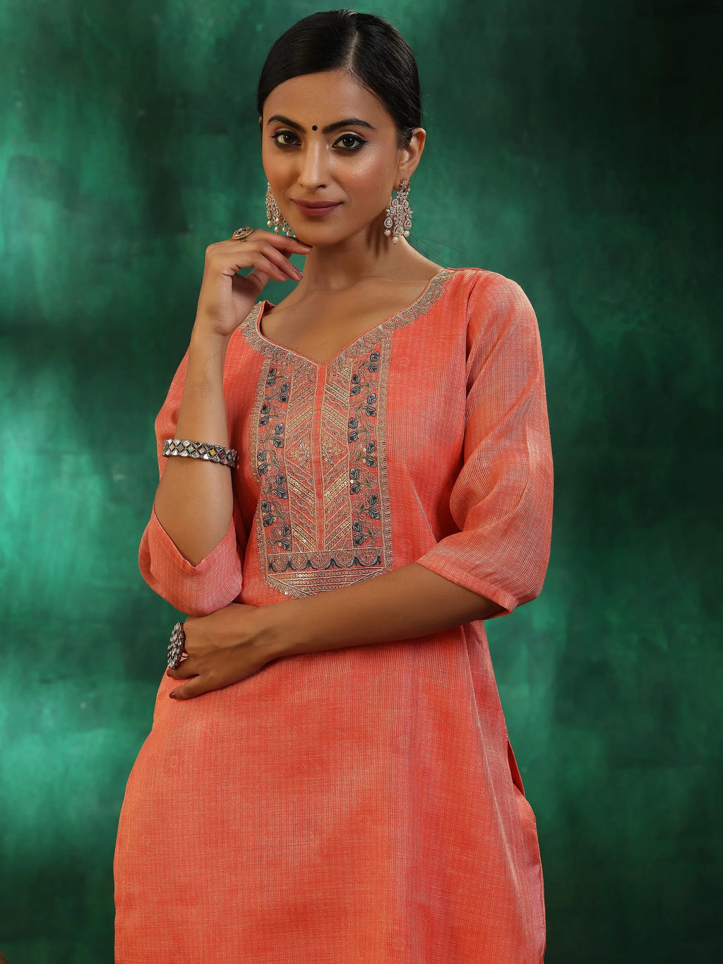 Peach Yoke Design Silk Blend Straight Suit With Dupatta