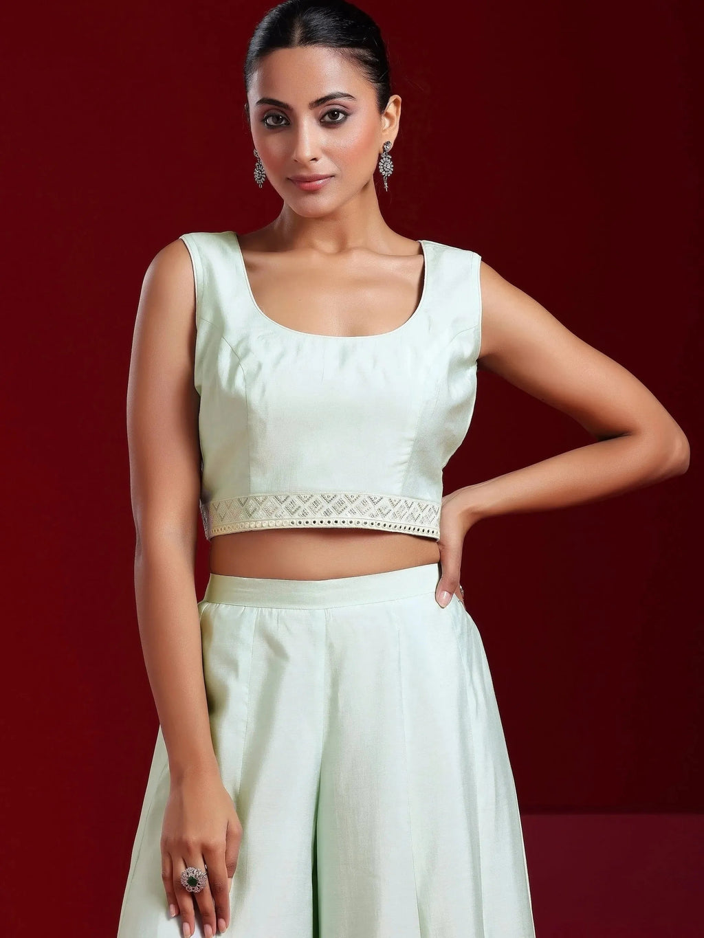 Libas Art Sea Green Solid Silk Blend 3 Piece Co-Ords