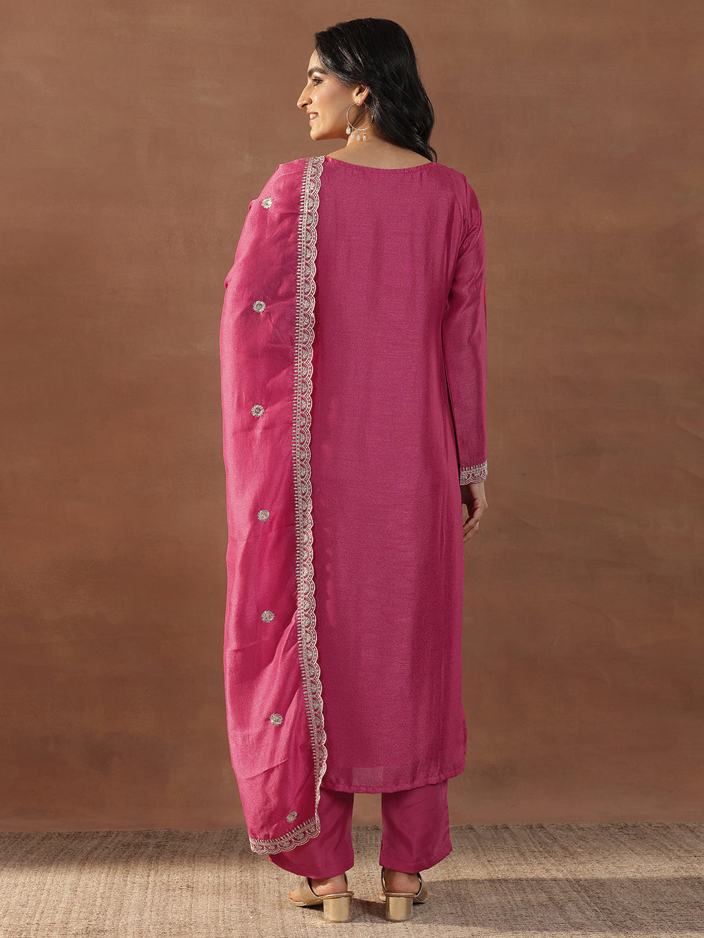 Pink Embroidered Silk Blend Straight Suits With Dupatta