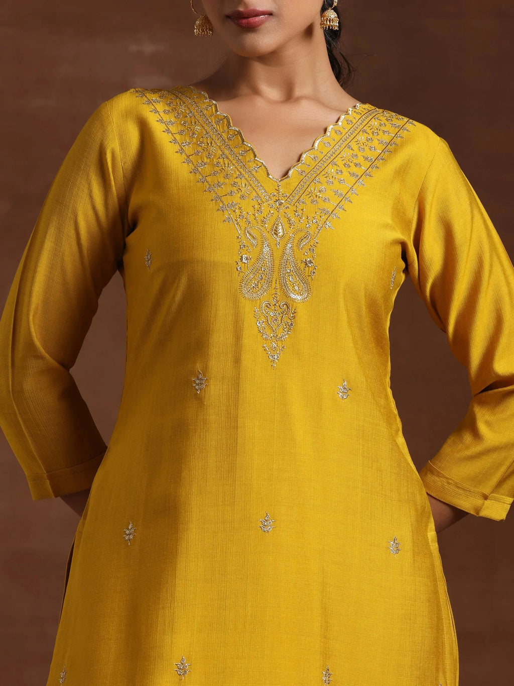 Mustard Embroidered Silk Blend Straight Suit With Dupatta