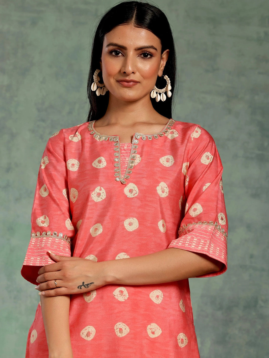 Peach Printed Silk Blend Straight Kurta Set