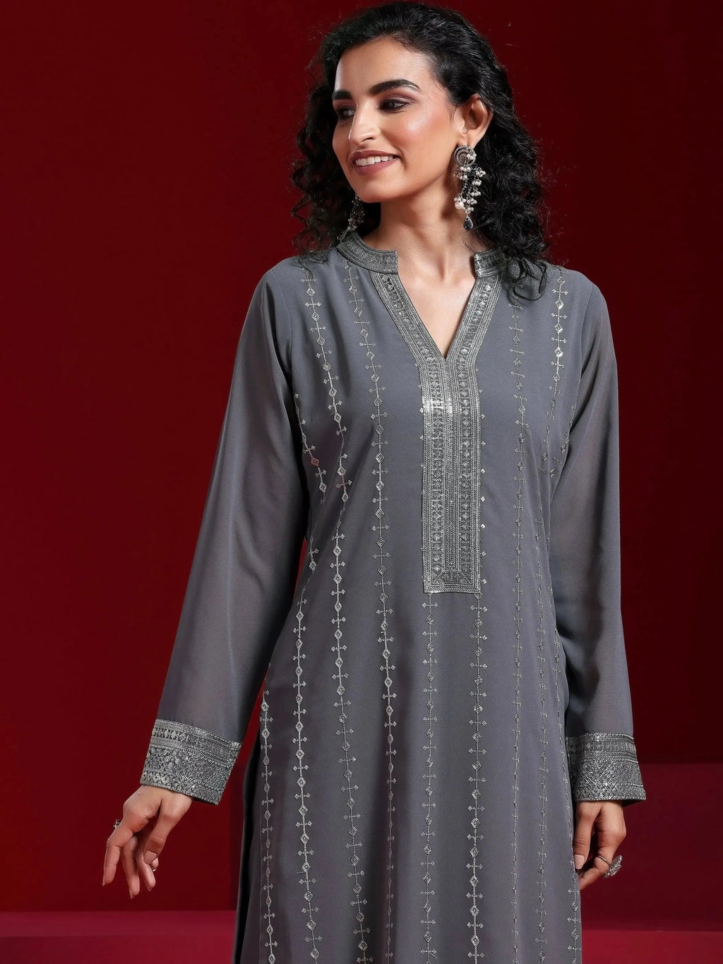 Grey Embroidered Georgette Straight Suit With Dupatta