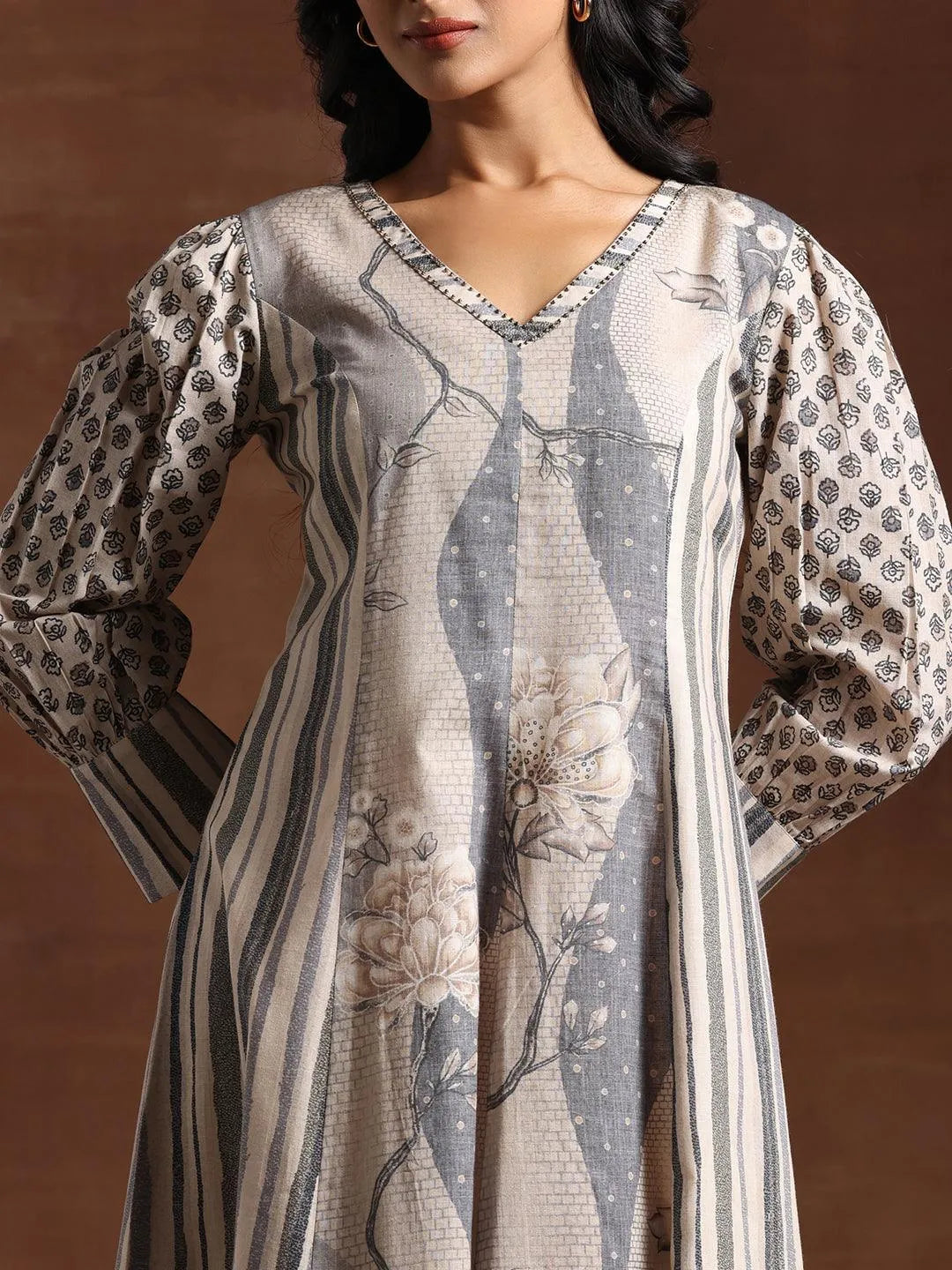 Off White Printed Cotton Blend A-Line Dress