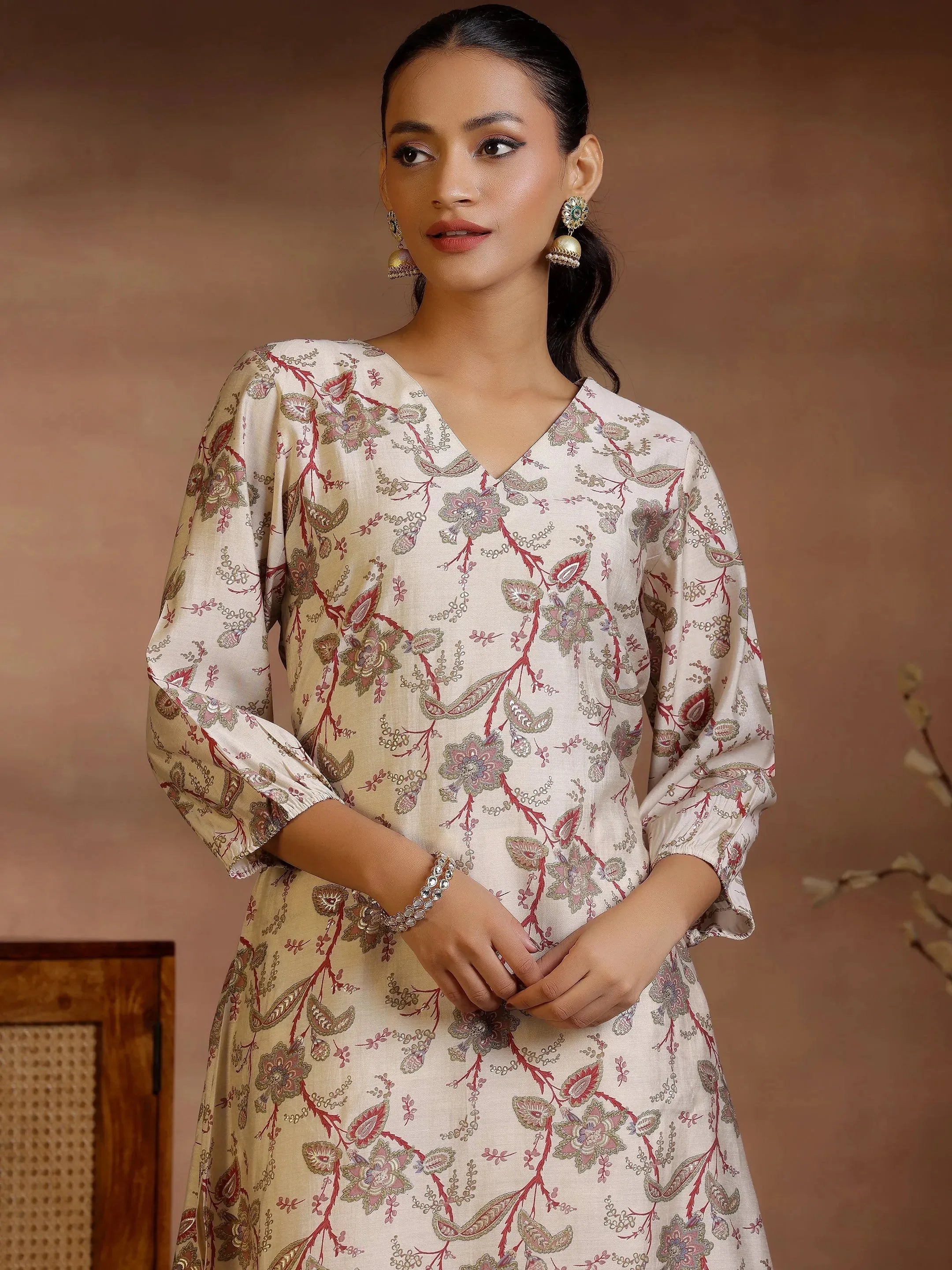 Beige Printed Silk Blend Co-Ords