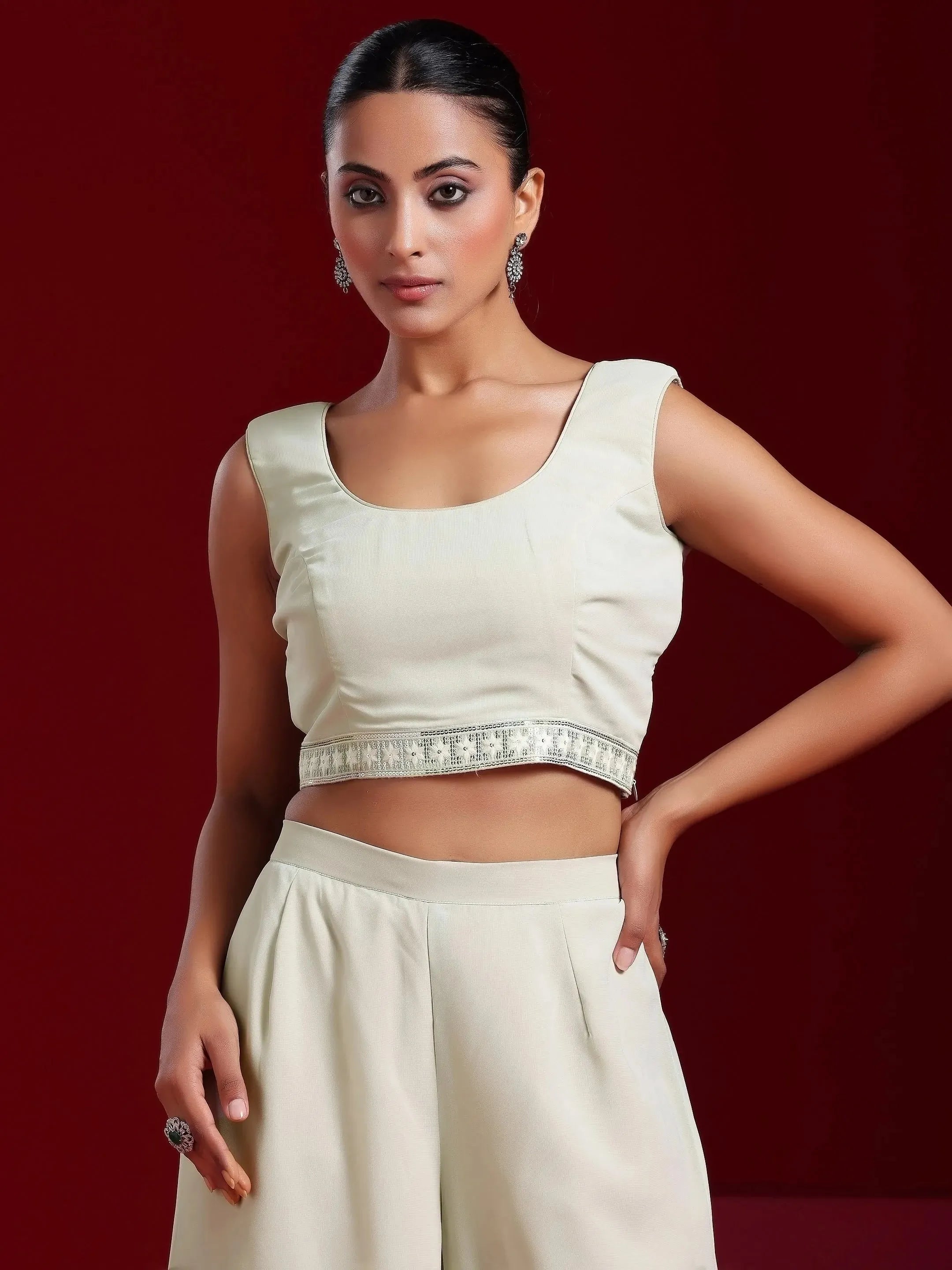 Libas Art Sea Green Solid Georgette 3 Piece Co-Ords