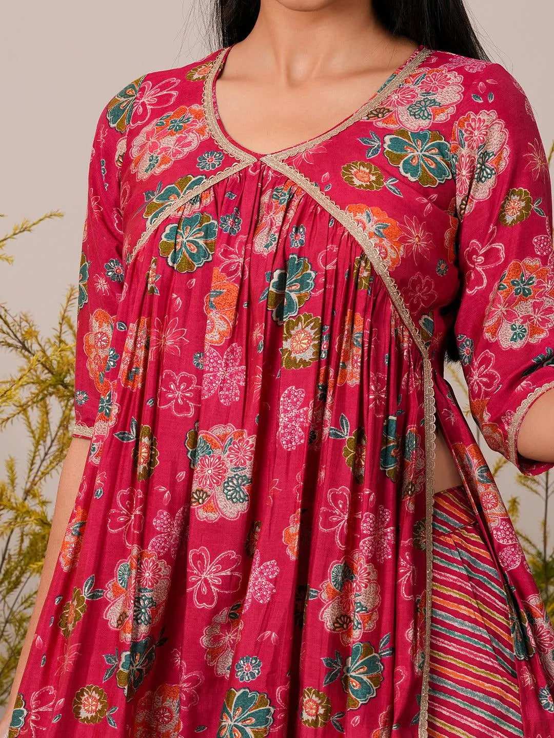 Pink Printed Silk Blend A-Line Kurta With Palazzos & Dupatta