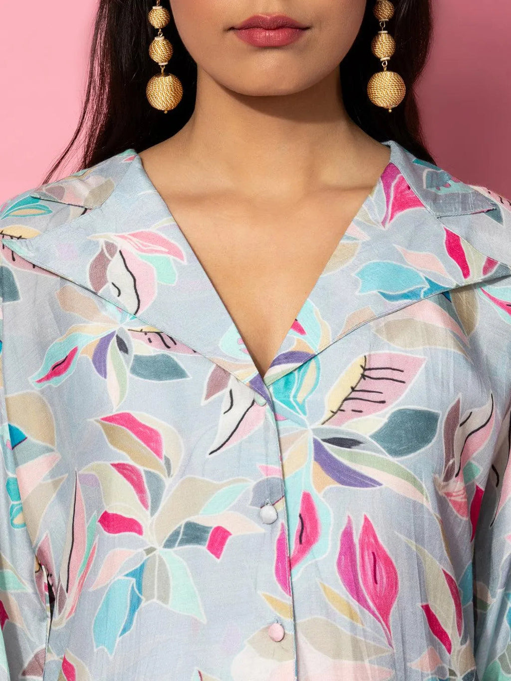 Grey Printed Silk Blend Co-Ords