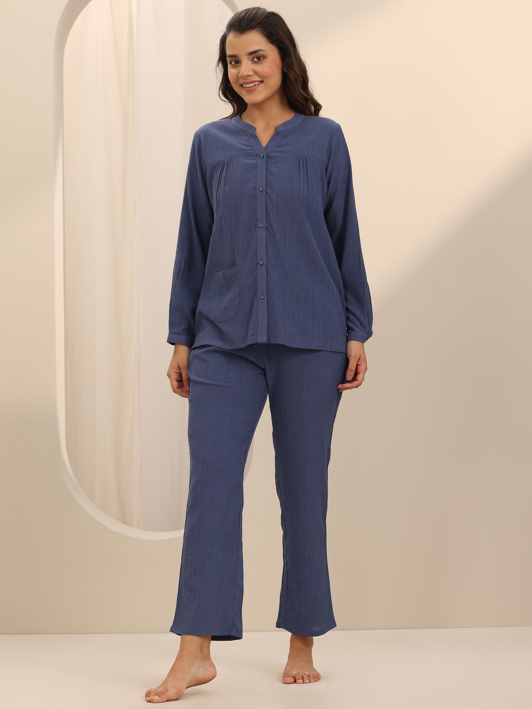 Blue Solid Cotton Blend Night Suit