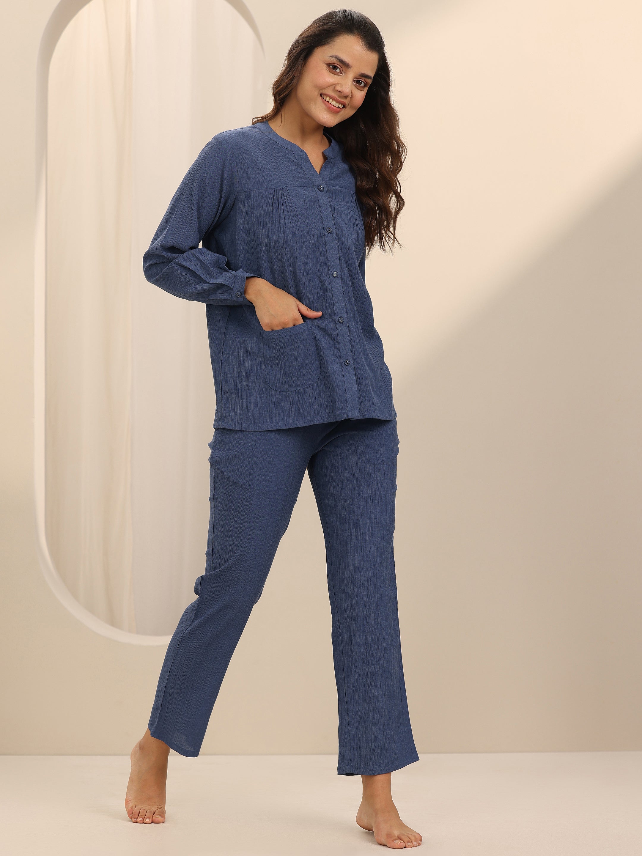 Blue Solid Cotton Blend Night Suit