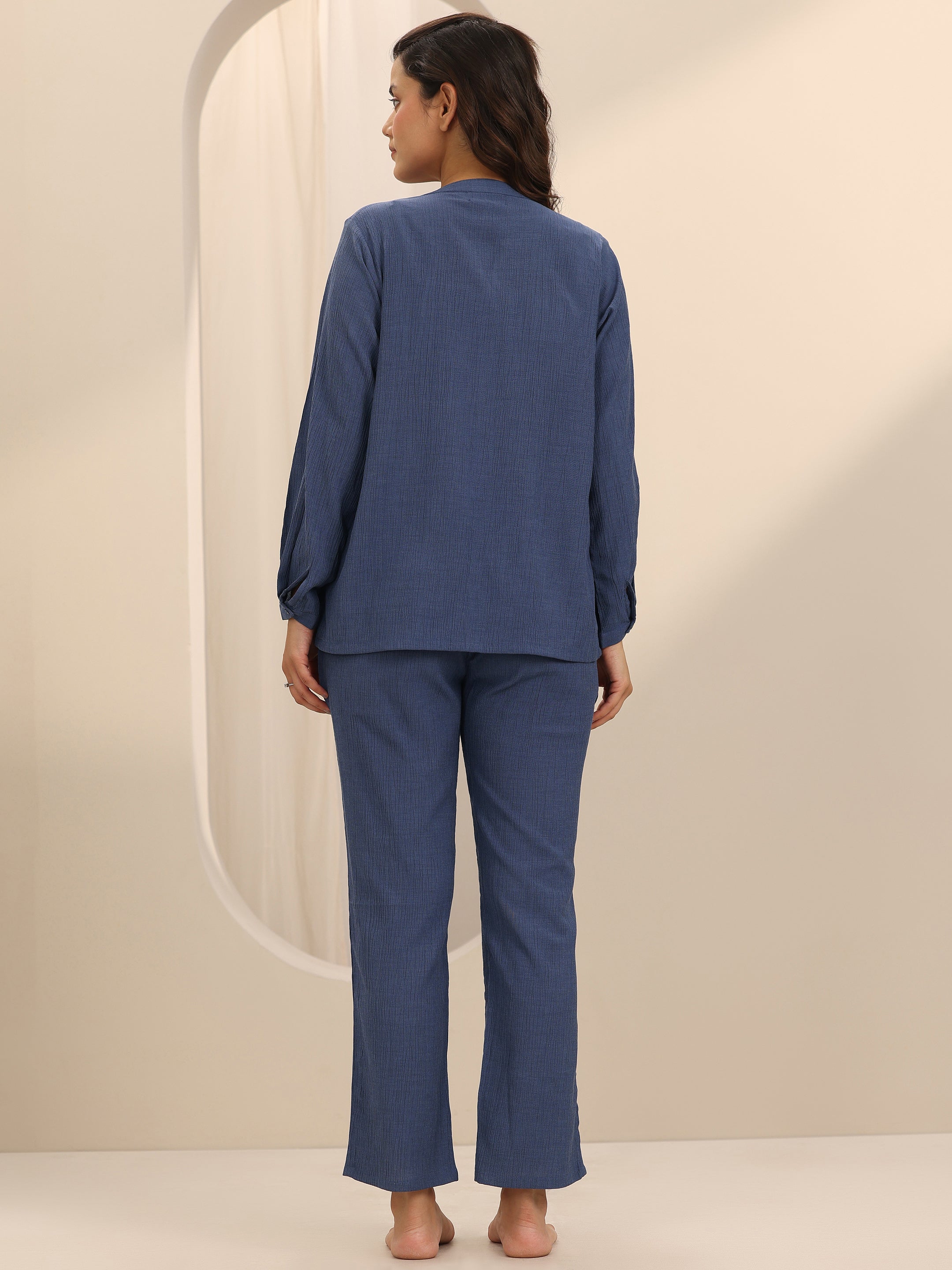 Blue Solid Cotton Blend Night Suit