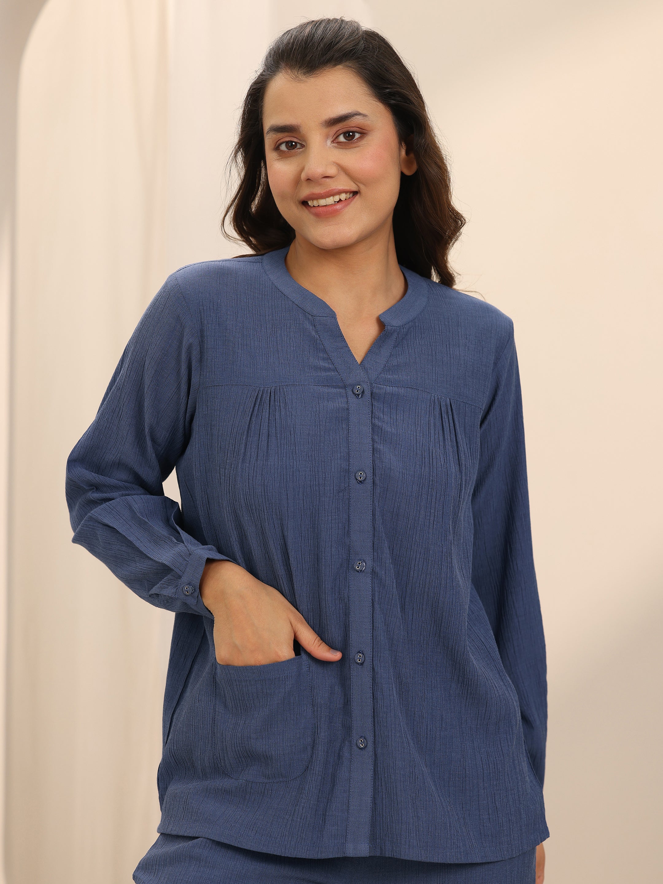 Blue Solid Cotton Blend Night Suit