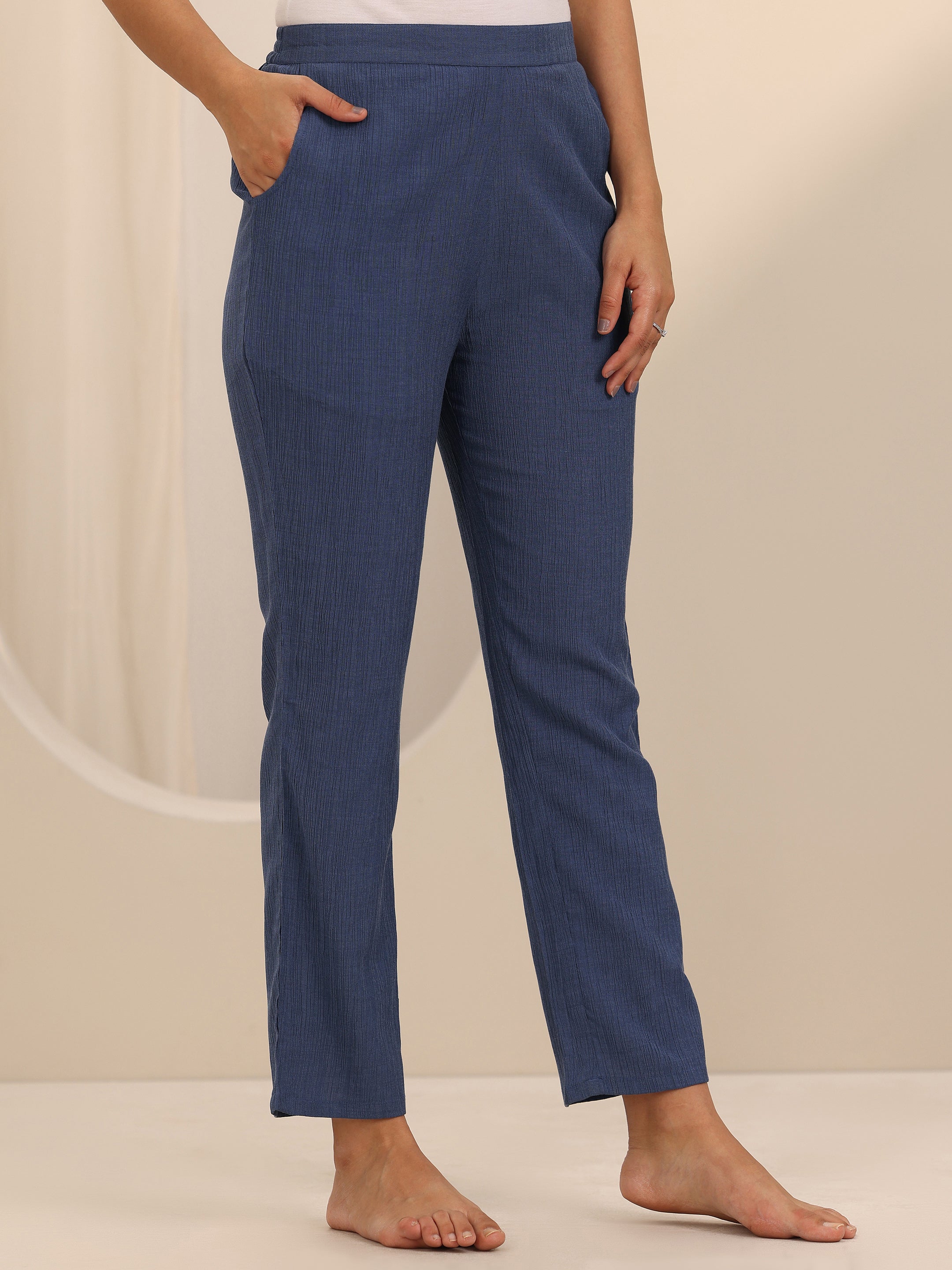 Blue Solid Cotton Blend Night Suit
