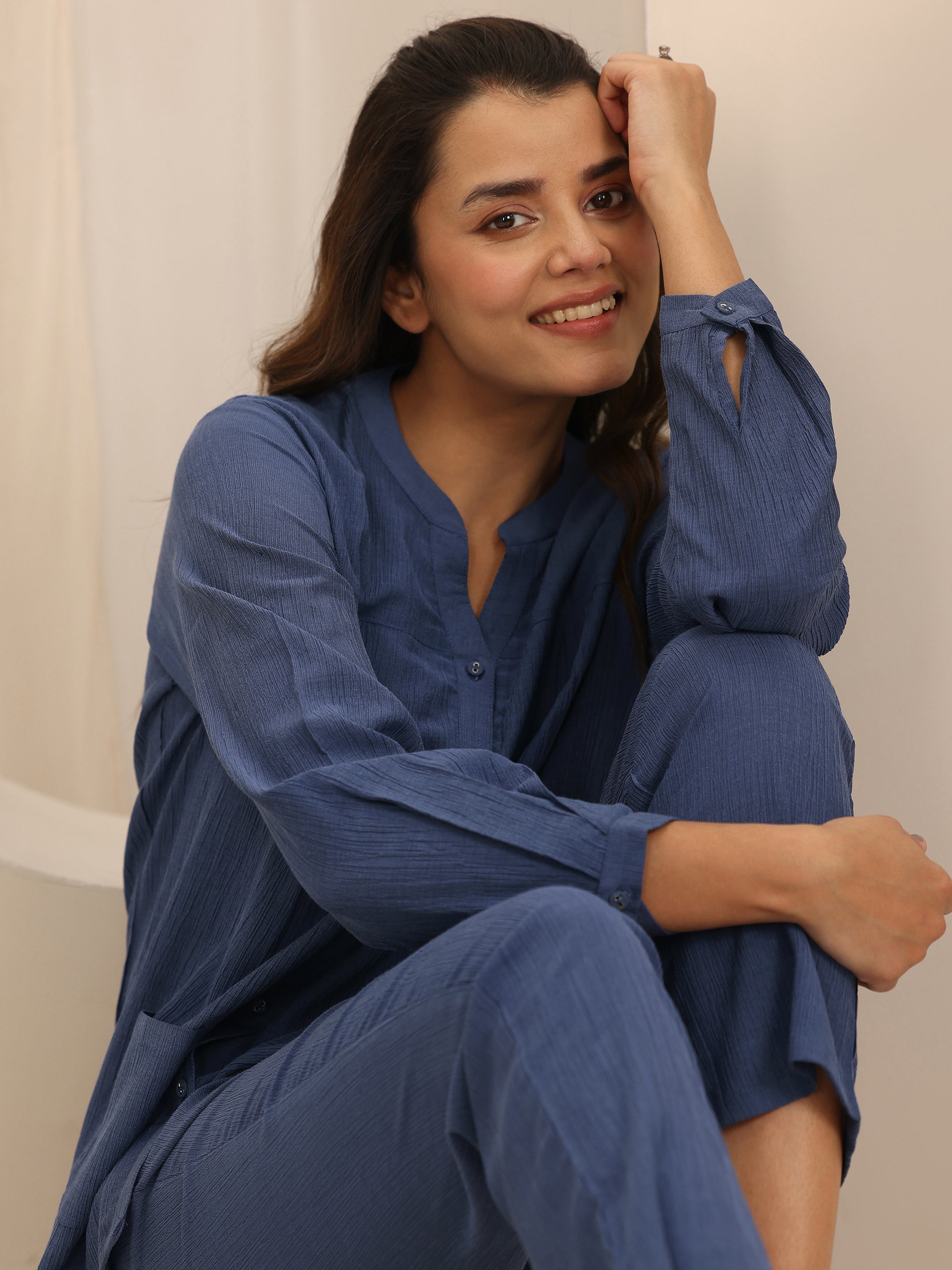 Blue Solid Cotton Blend Night Suit