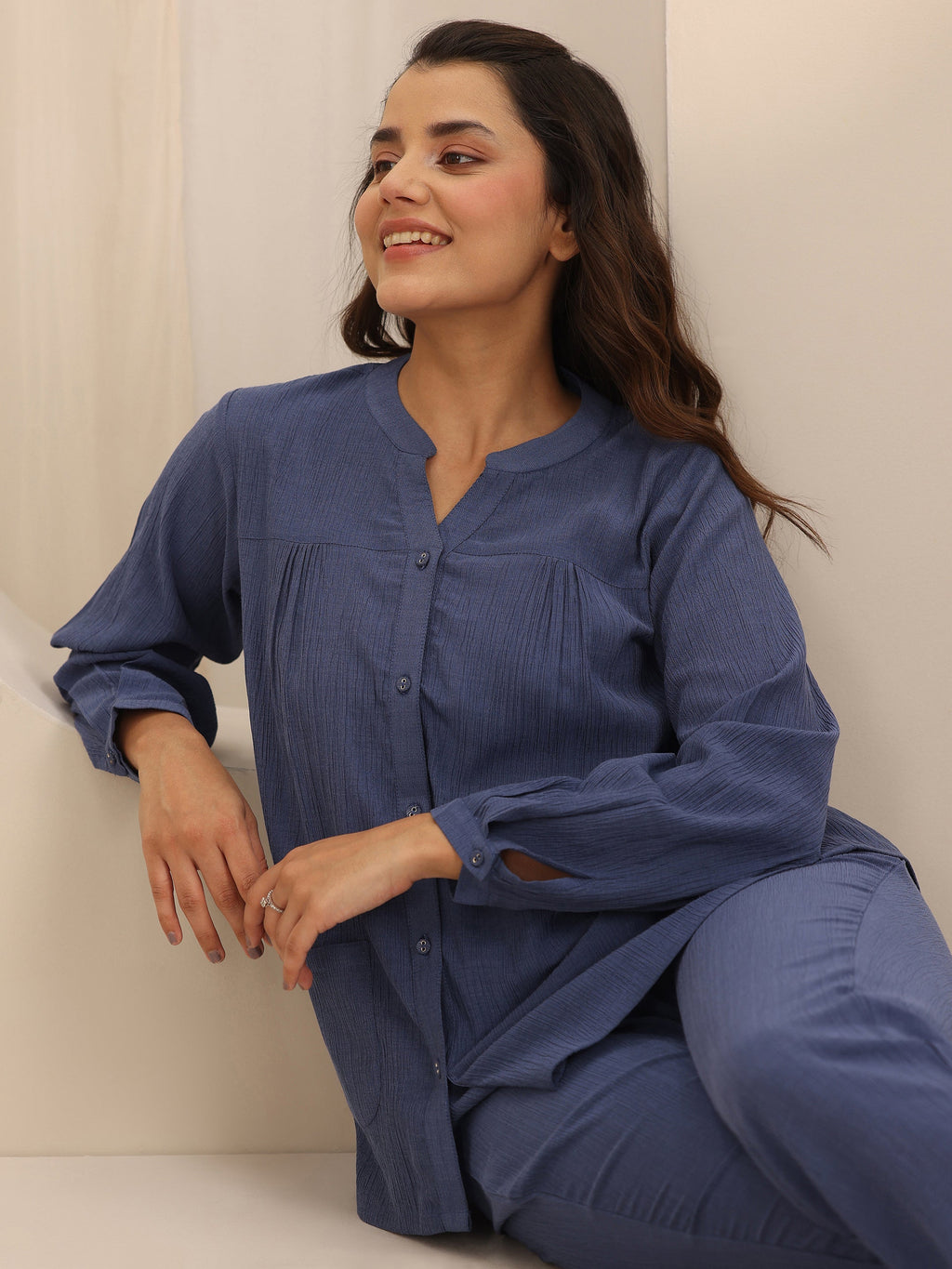 Blue Solid Cotton Blend Night Suit