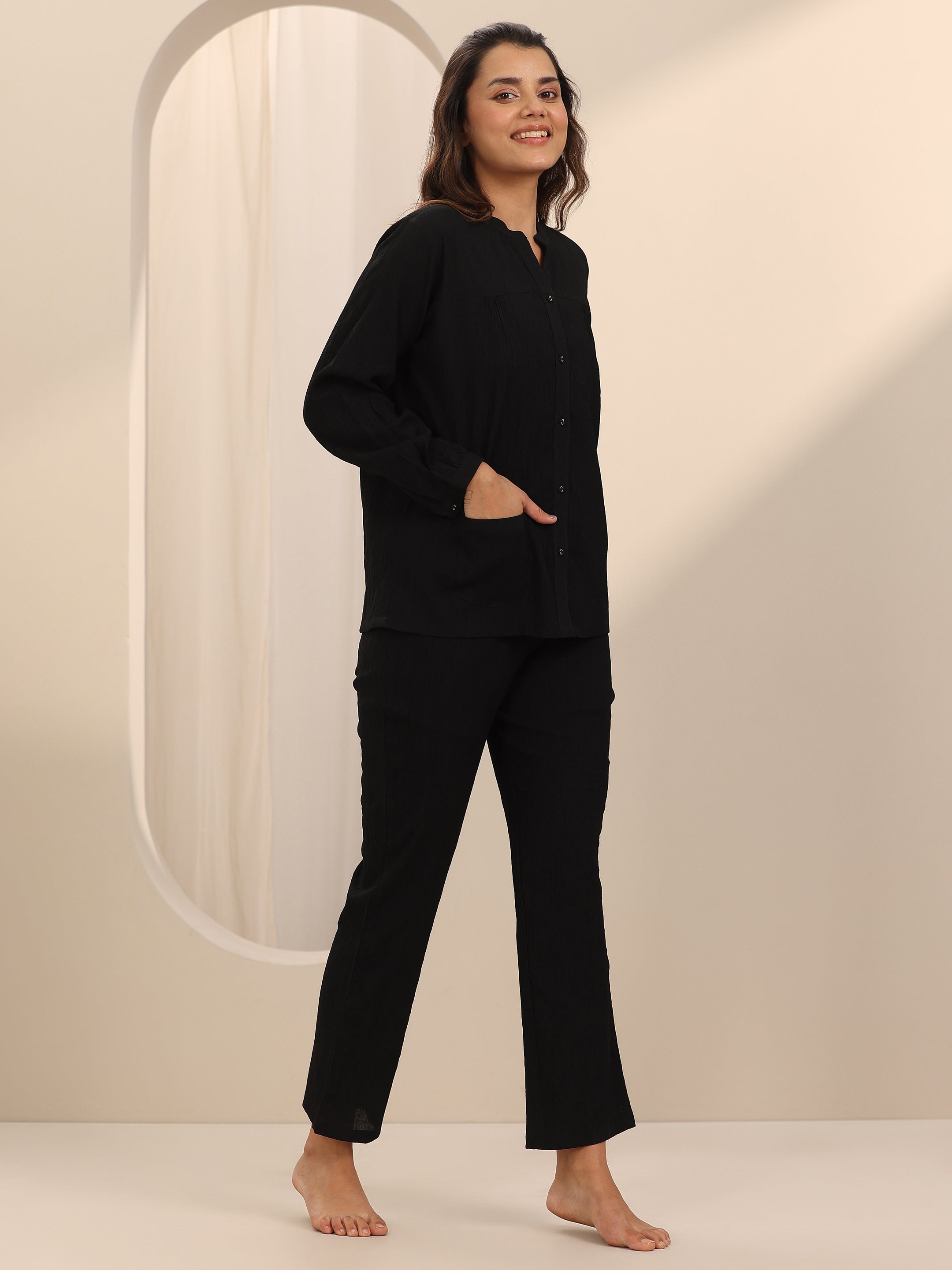 Black Solid Cotton Blend Night Suit