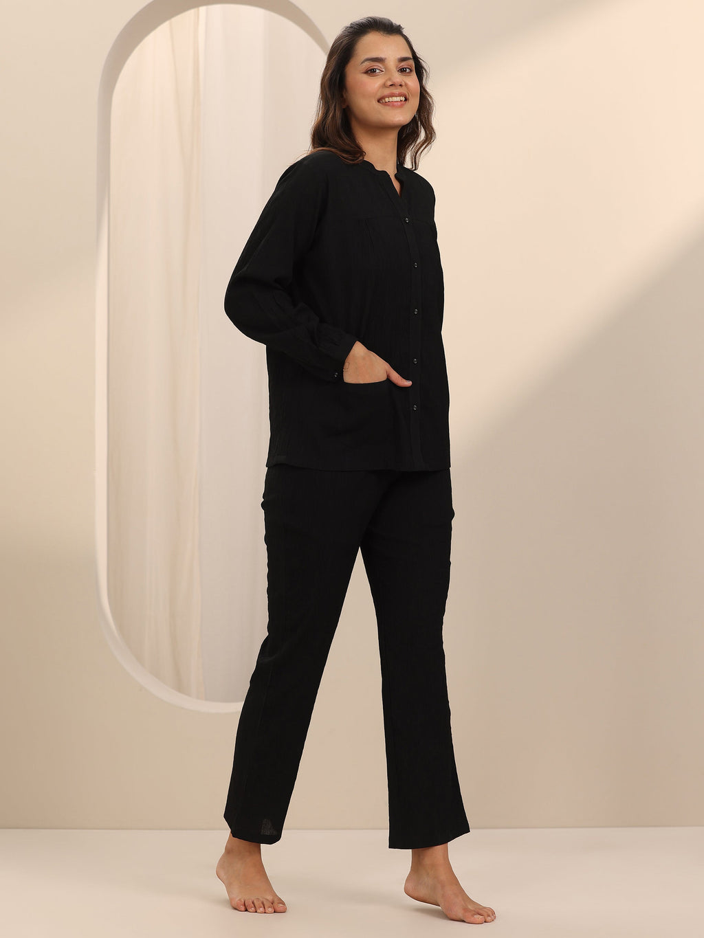 Black Solid Cotton Blend Night Suit