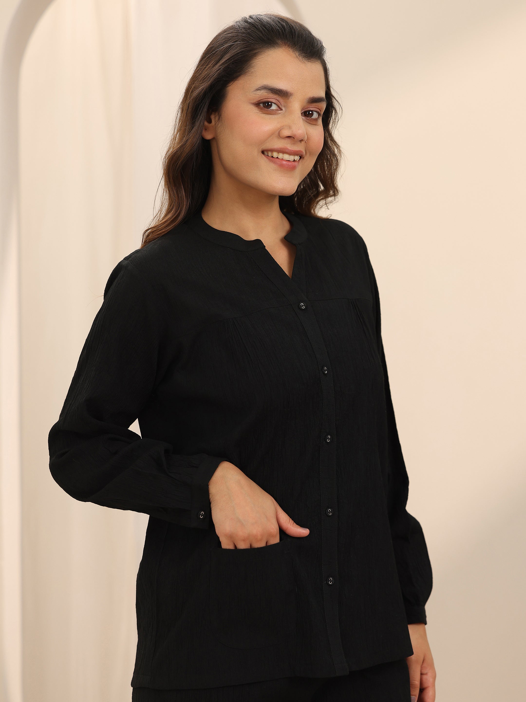 Black Solid Cotton Blend Night Suit