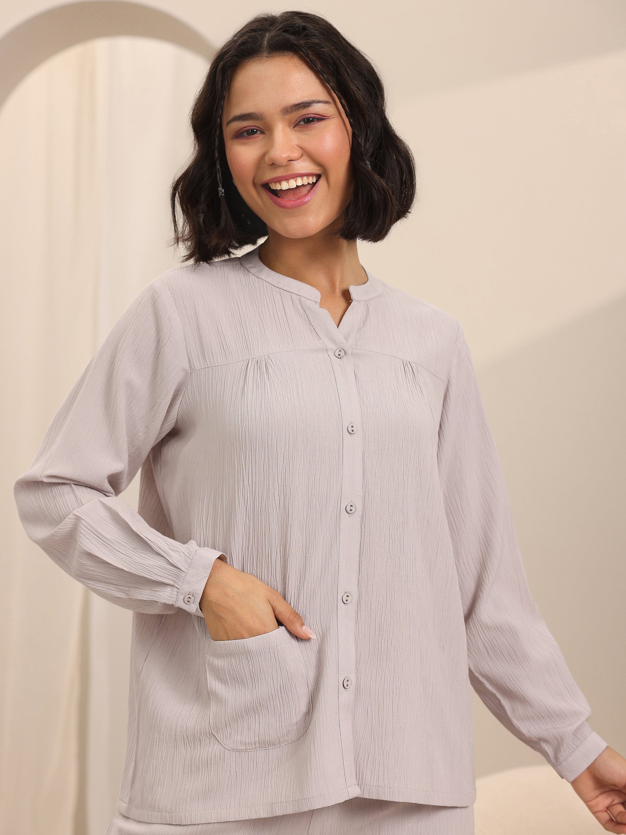 Beige Solid Cotton Blend Night Suits