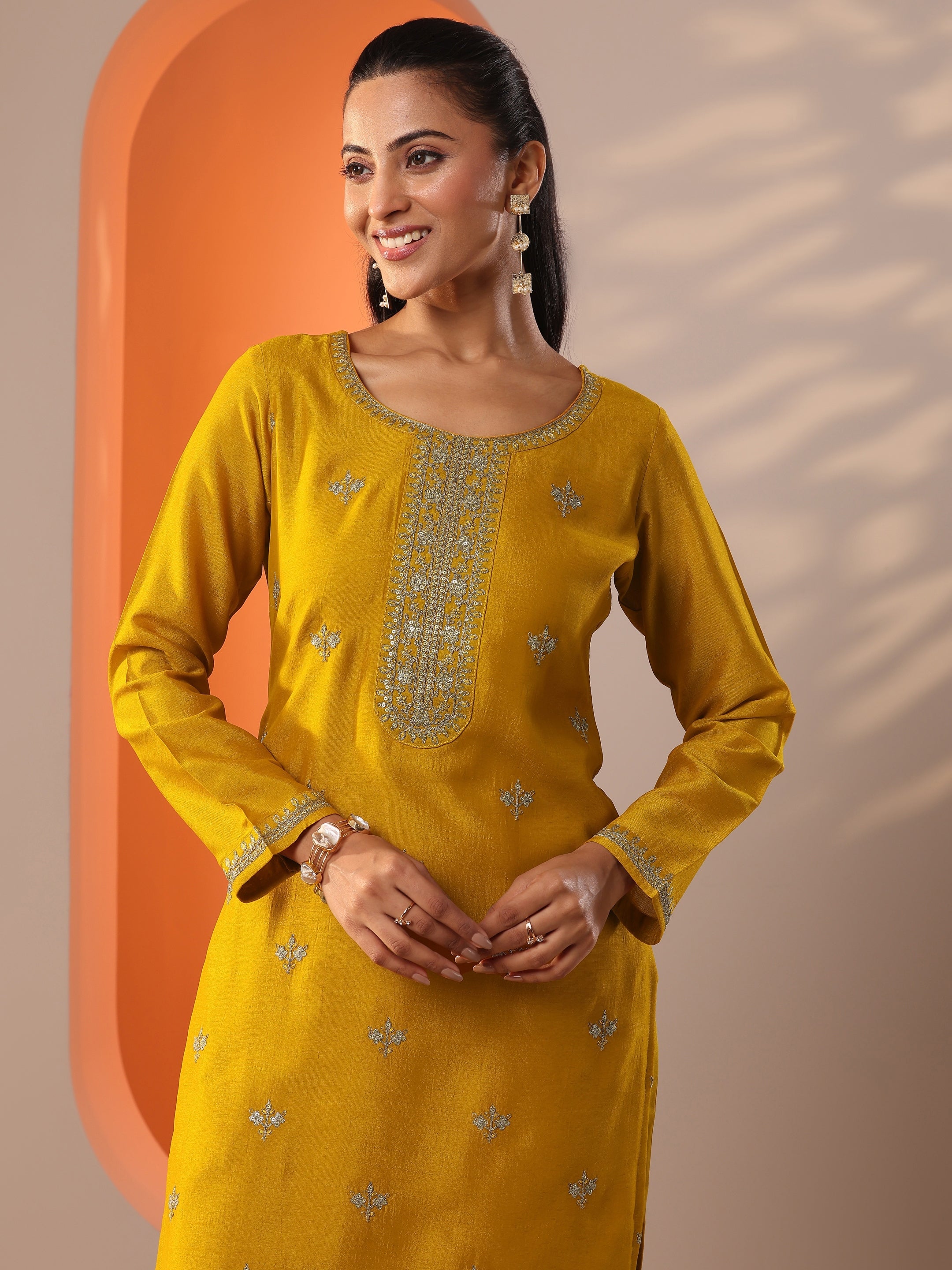 Mustard Embellished Silk Blend Straight Suit Set With Dupatta