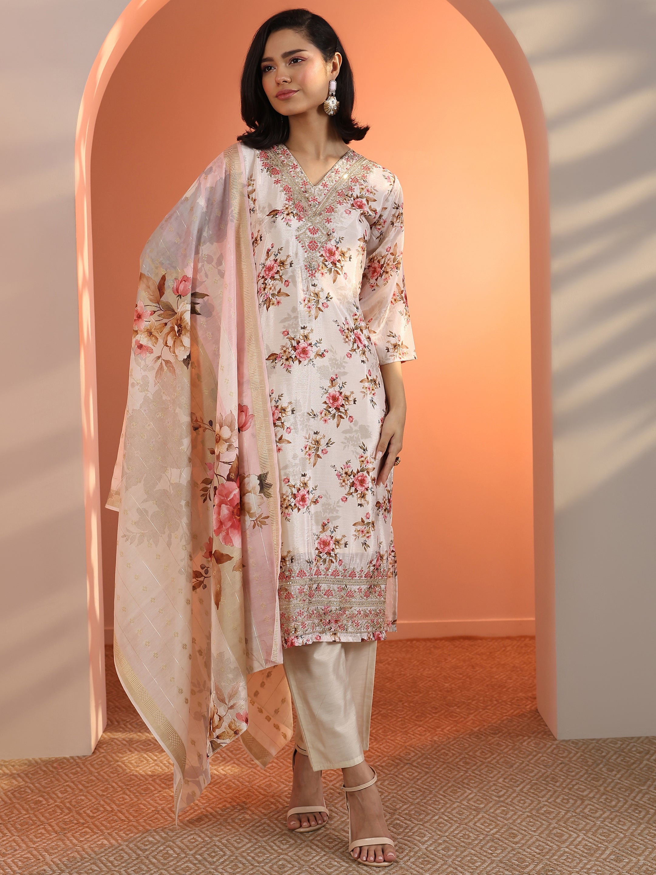 Off White Embroidered Chinon Straight Suit Set With Dupatta
