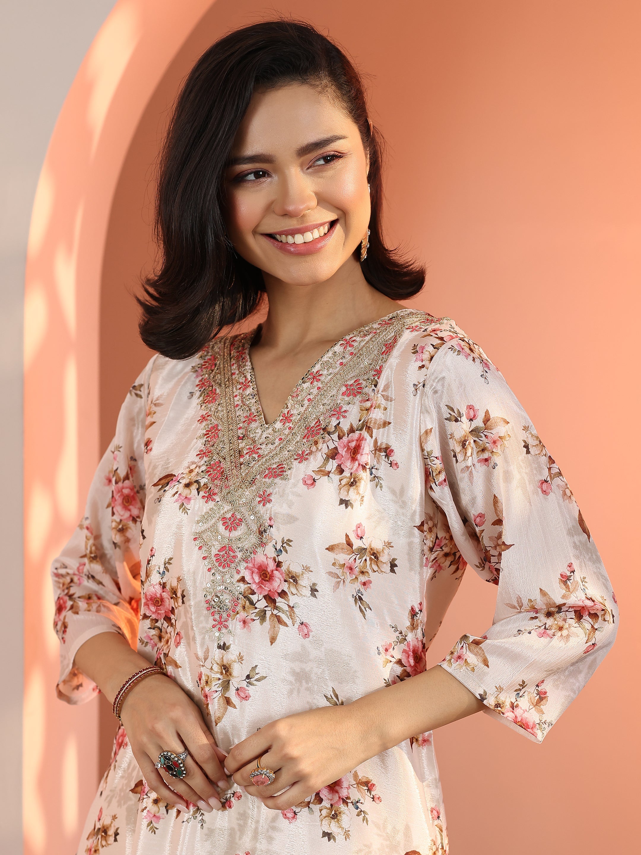 Off White Embroidered Chinon Straight Suit Set With Dupatta