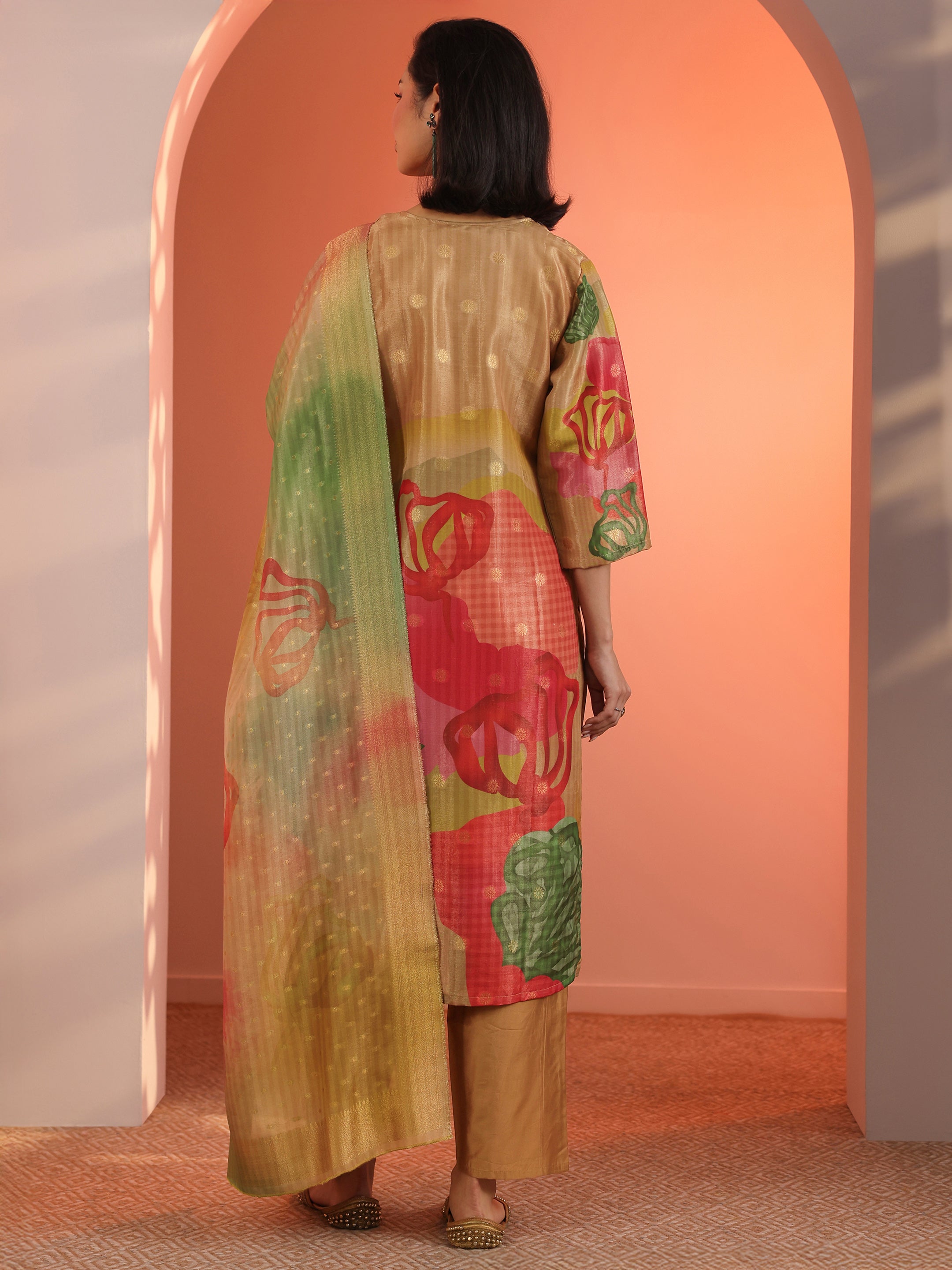 Multi Embellished Silk Blend Straight Suit Set With Dupatta