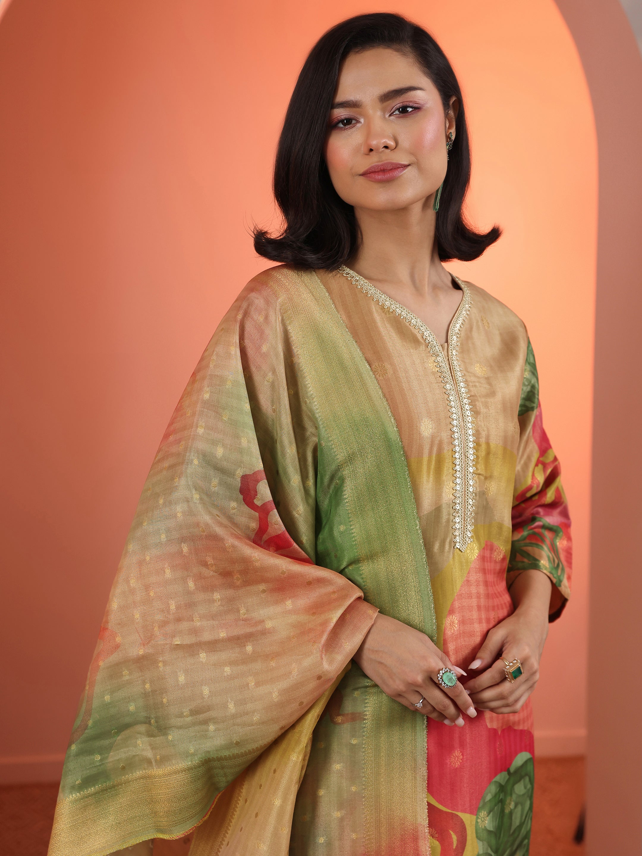 Multi Embellished Silk Blend Straight Suit Set With Dupatta