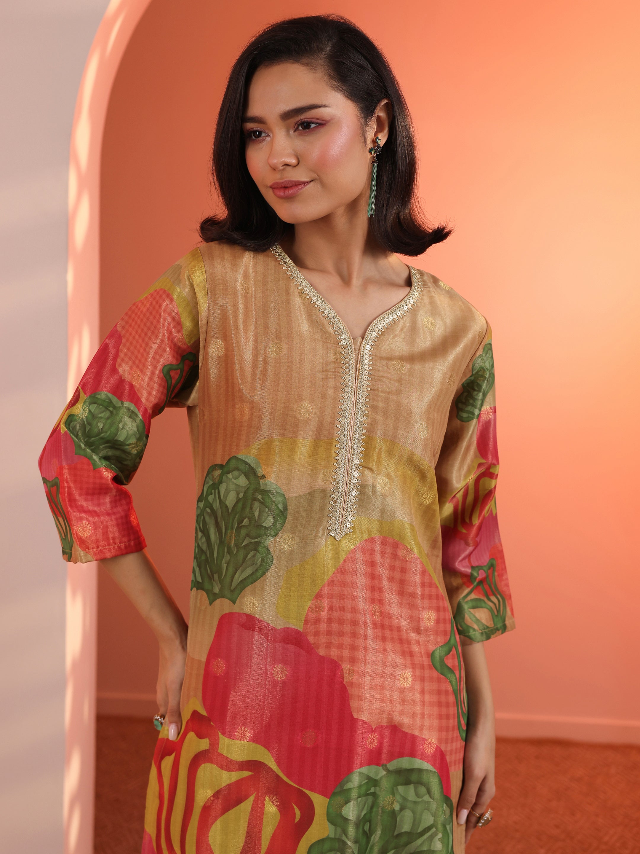 Multi Embellished Silk Blend Straight Suit Set With Dupatta