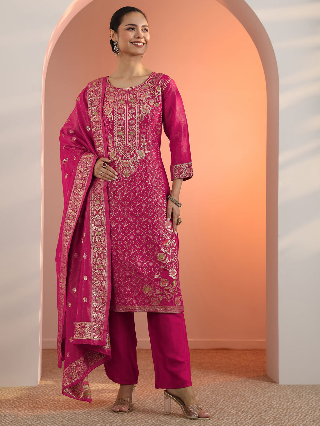 Pink Embellished Silk Blend Straight Suit Set With Dupatta