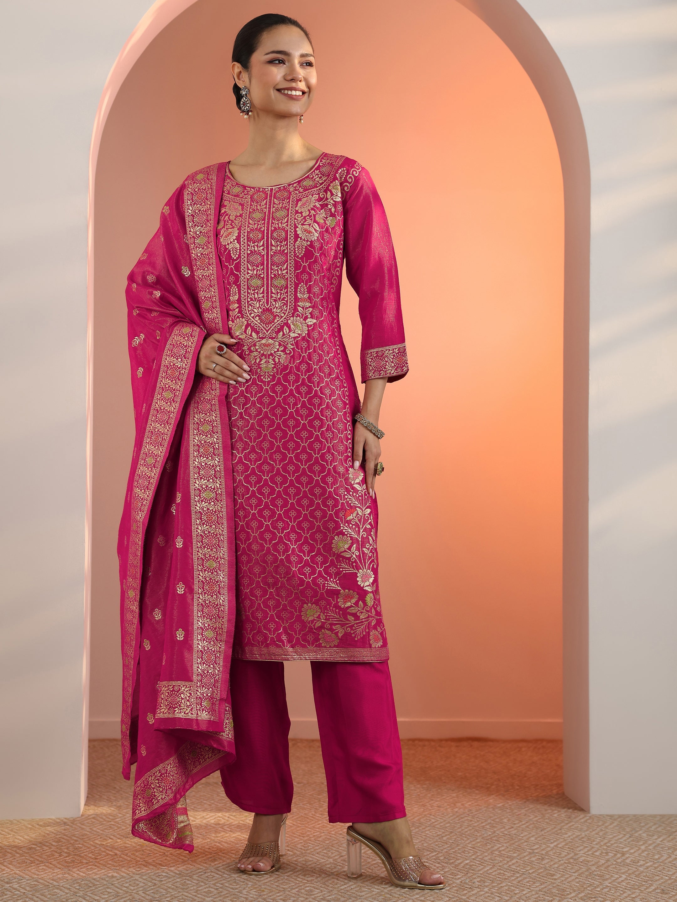 Pink Embellished Silk Blend Straight Suit Set With Dupatta