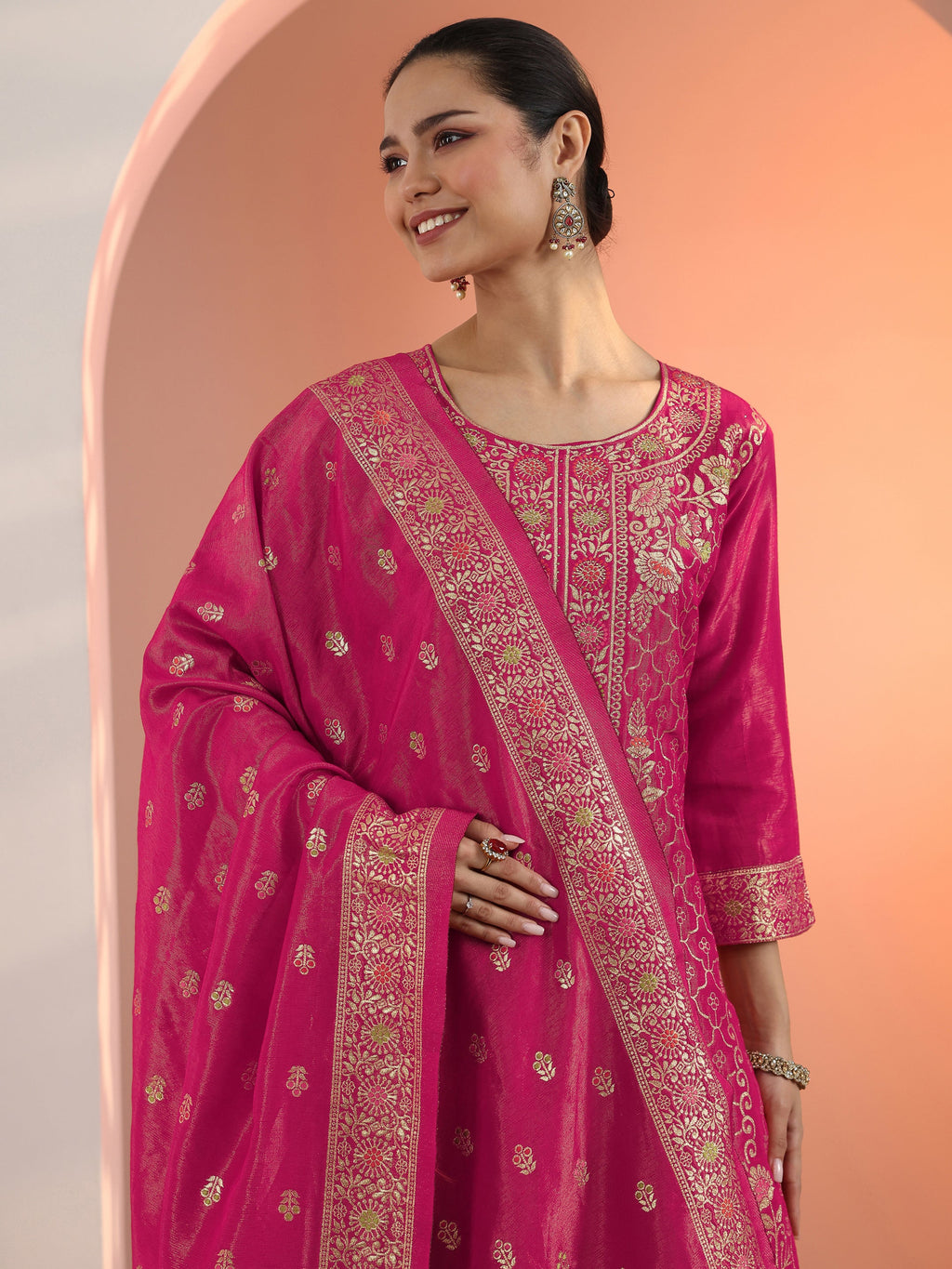 Pink Embellished Silk Blend Straight Suit Set With Dupatta