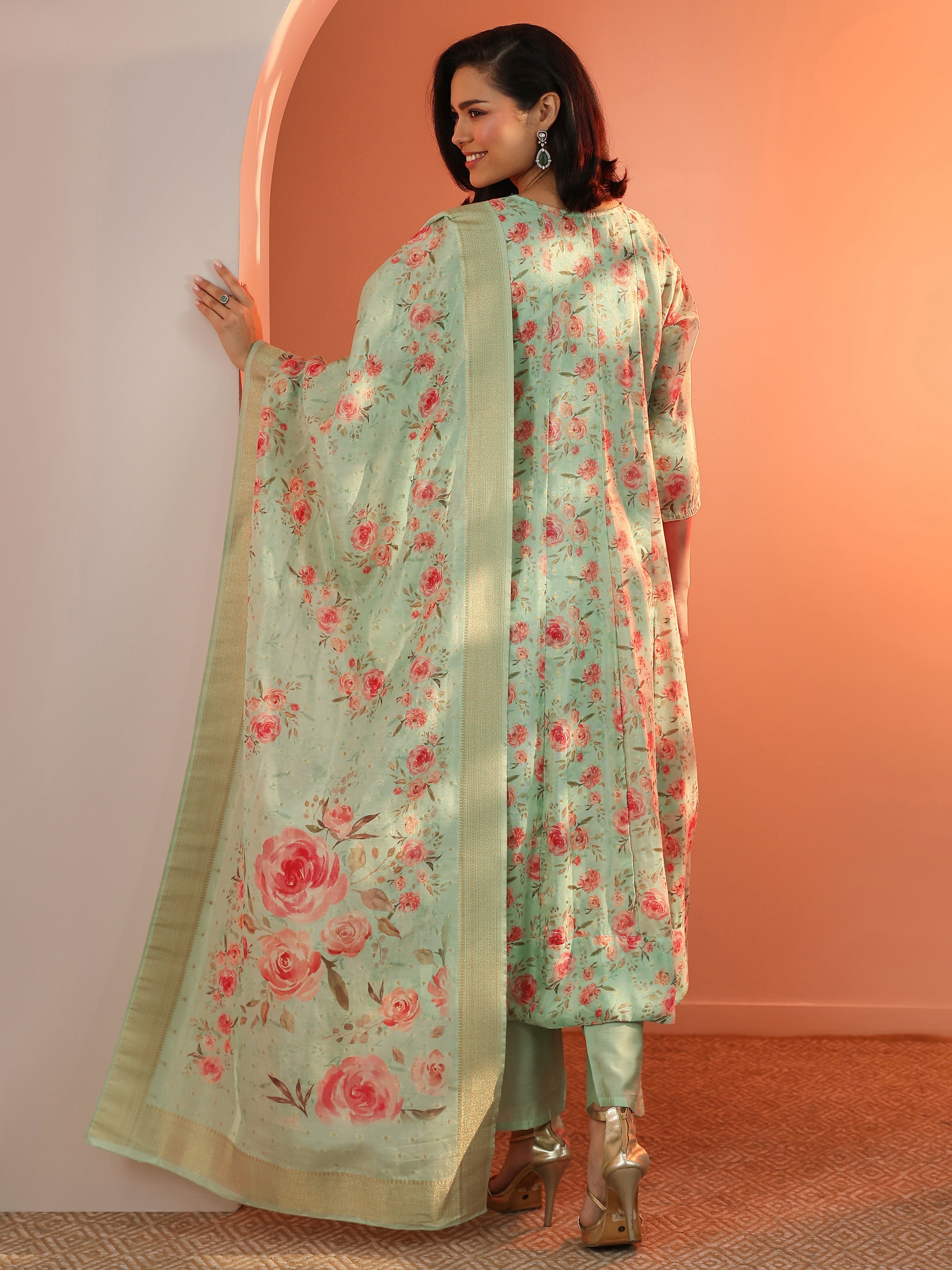 Green Embellished Silk Blend A-Line Suit Set With Dupatta