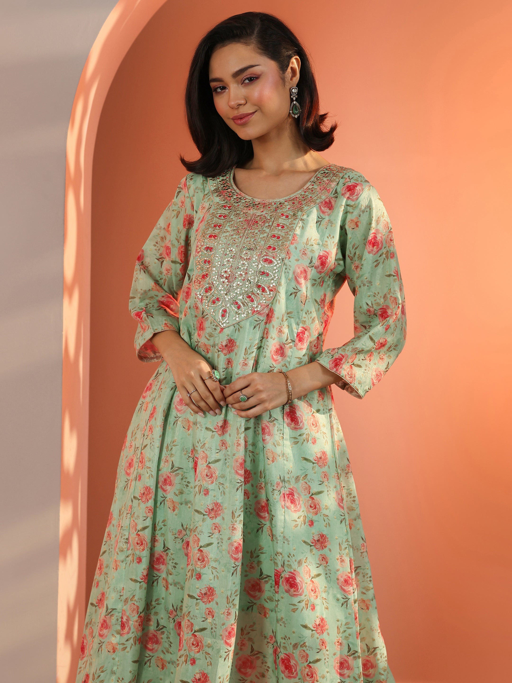 Green Embellished Silk Blend A-Line Suit Set With Dupatta