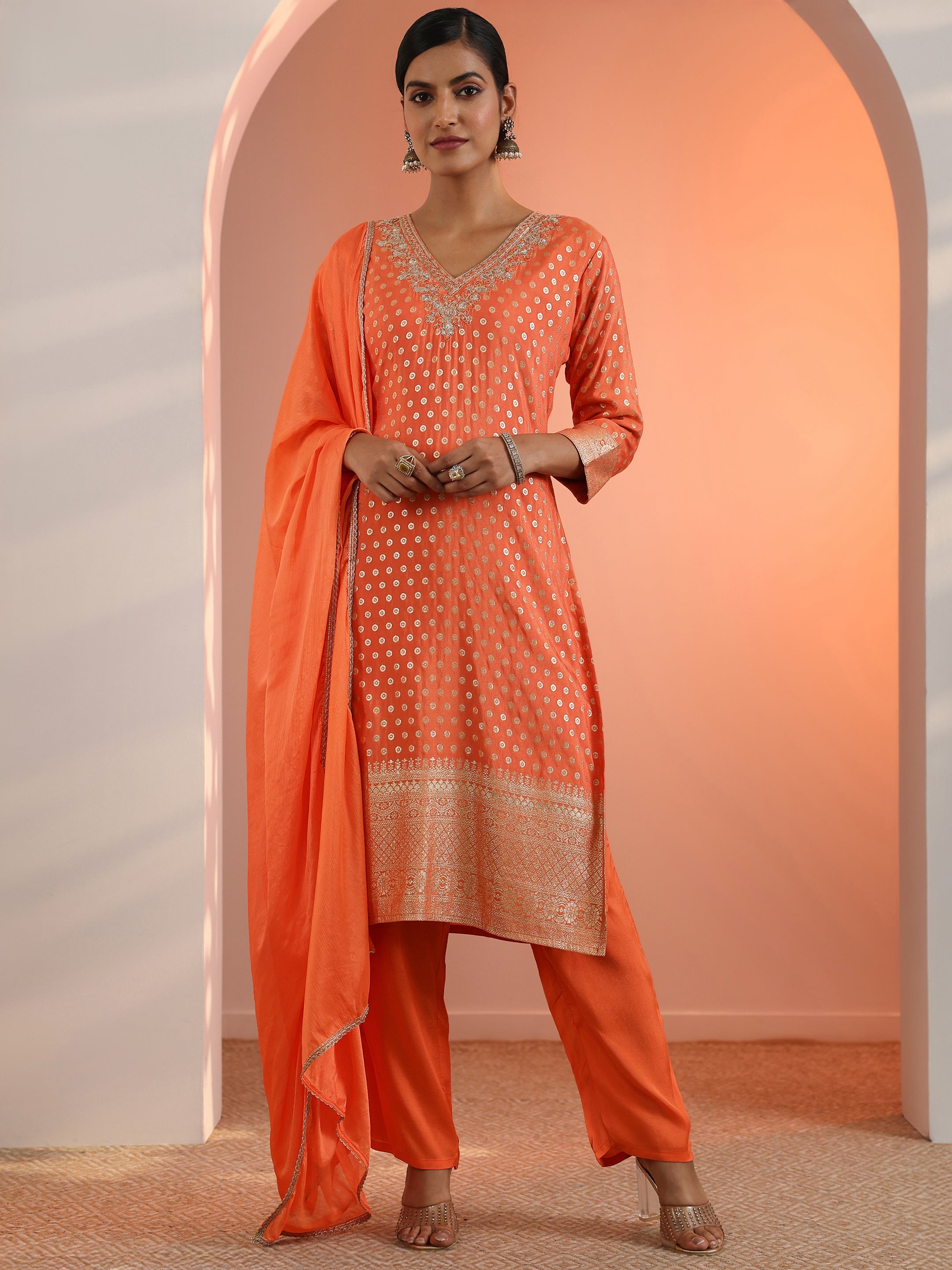 Orange Woven Design Muslin Straight Suit Set With Dupatta