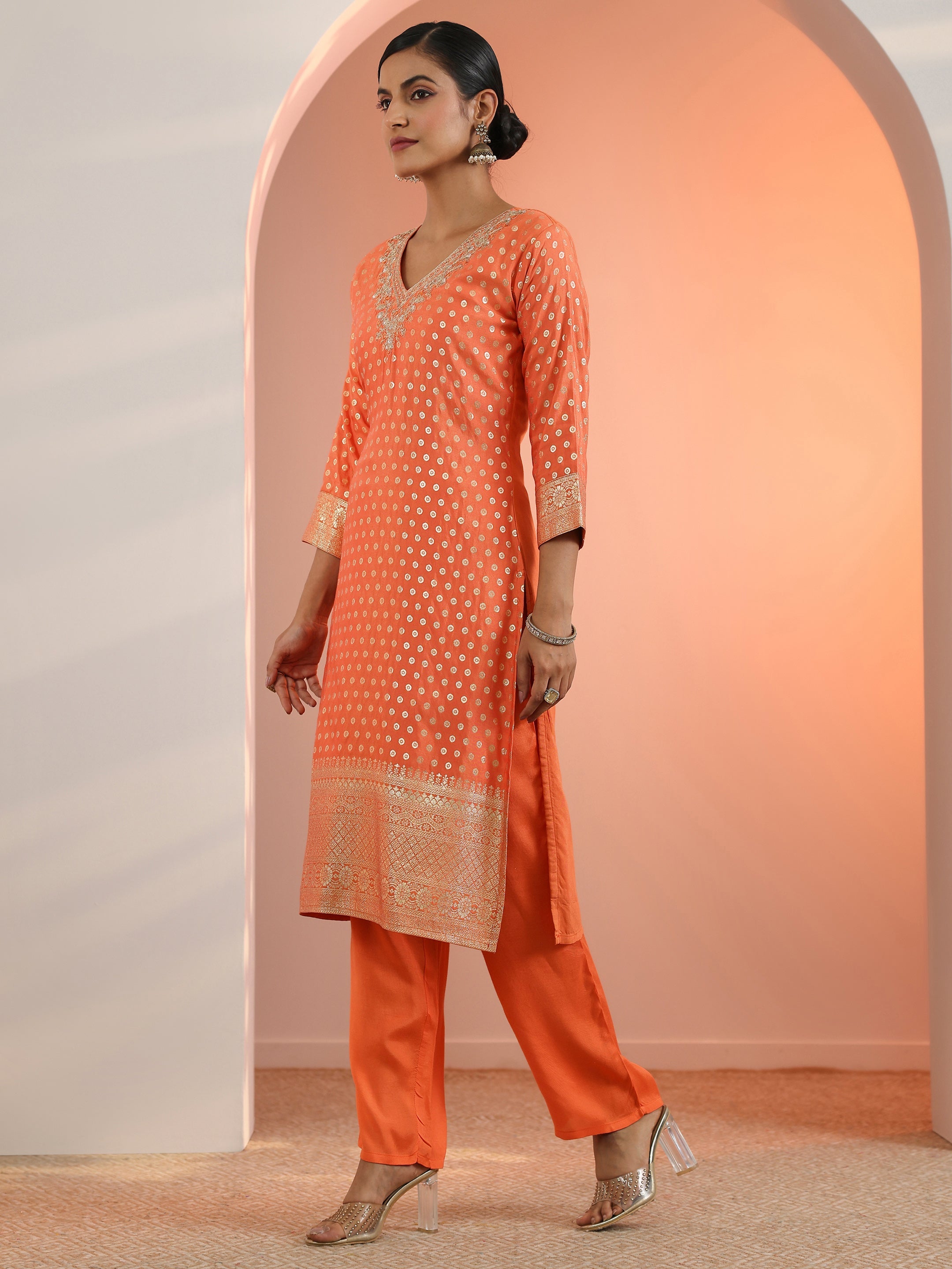 Orange Woven Design Muslin Straight Suit Set With Dupatta