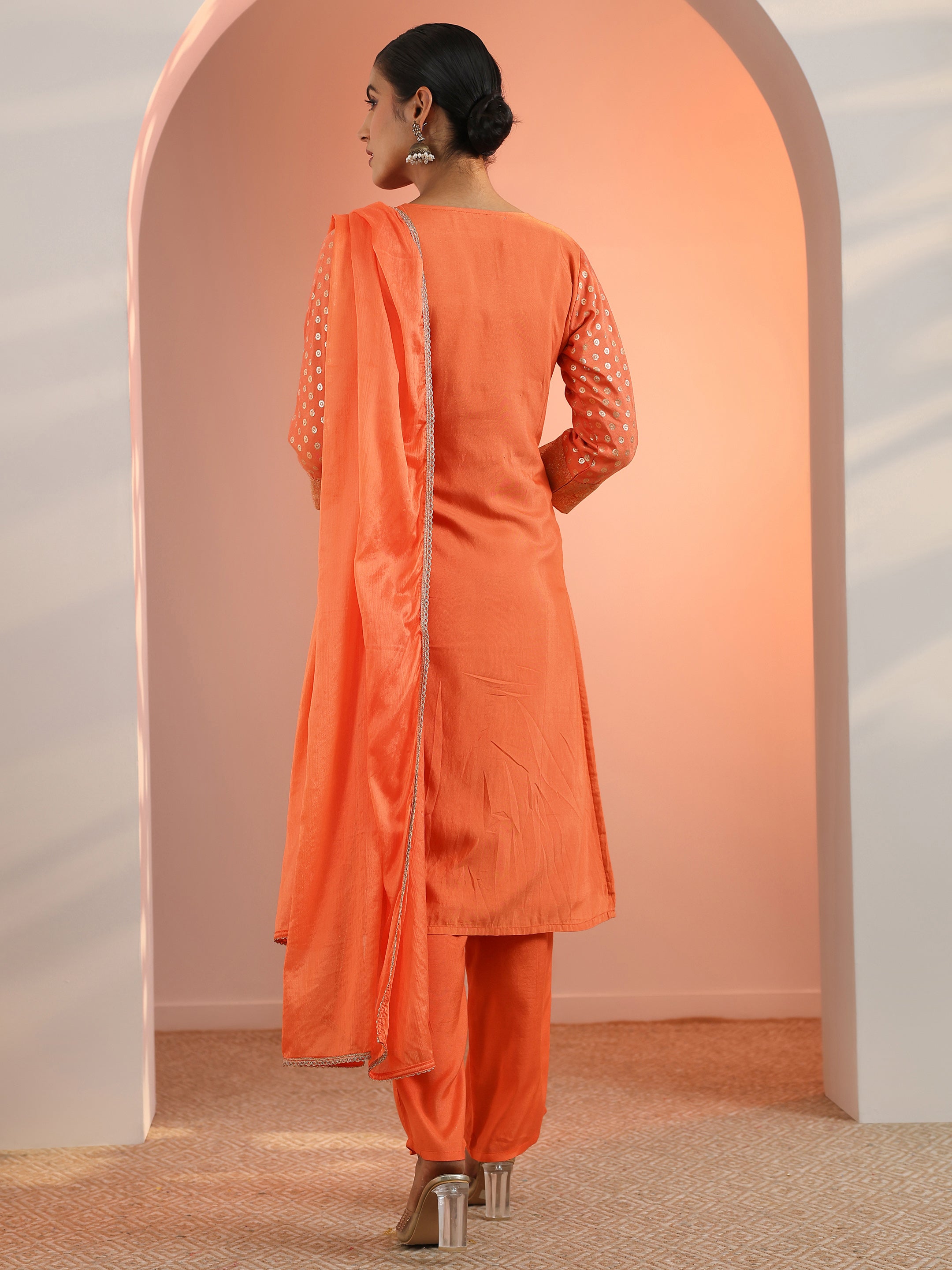 Orange Woven Design Muslin Straight Suit Set With Dupatta