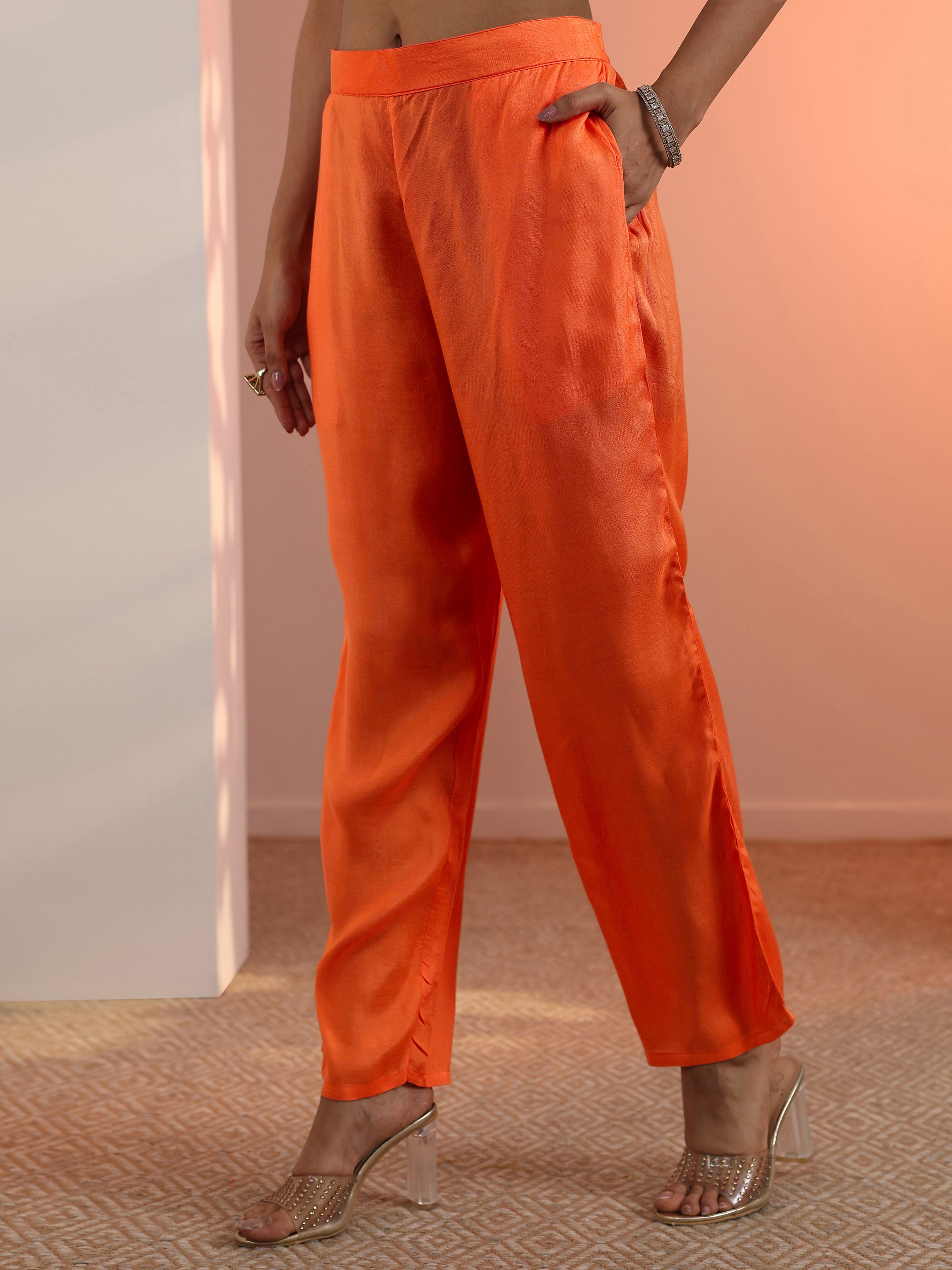 Orange Woven Design Muslin Straight Suit Set With Dupatta