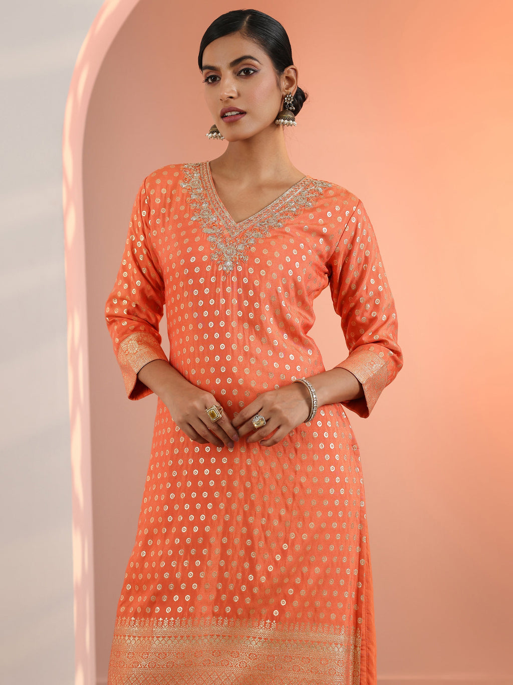Orange Woven Design Muslin Straight Suit Set With Dupatta