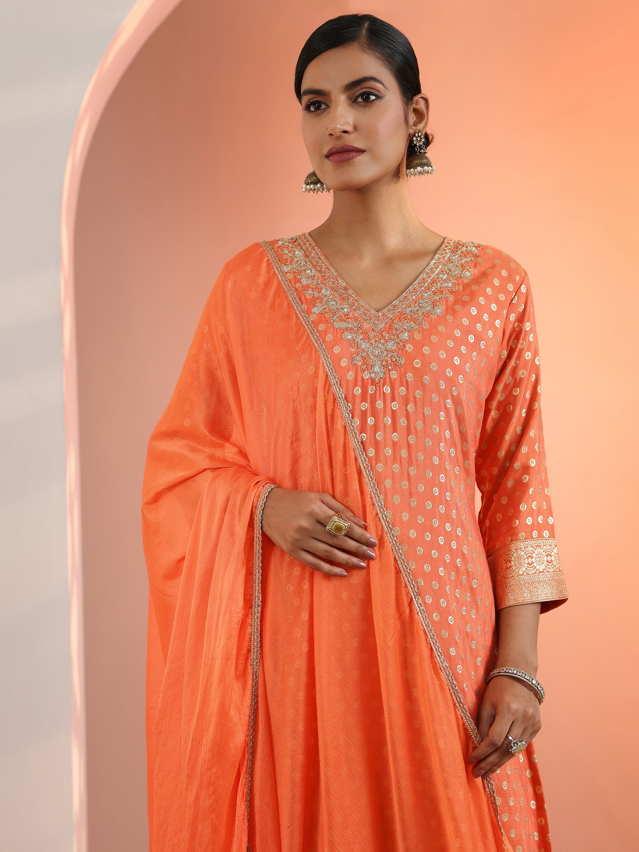 Orange Woven Design Muslin Straight Suit Set With Dupatta