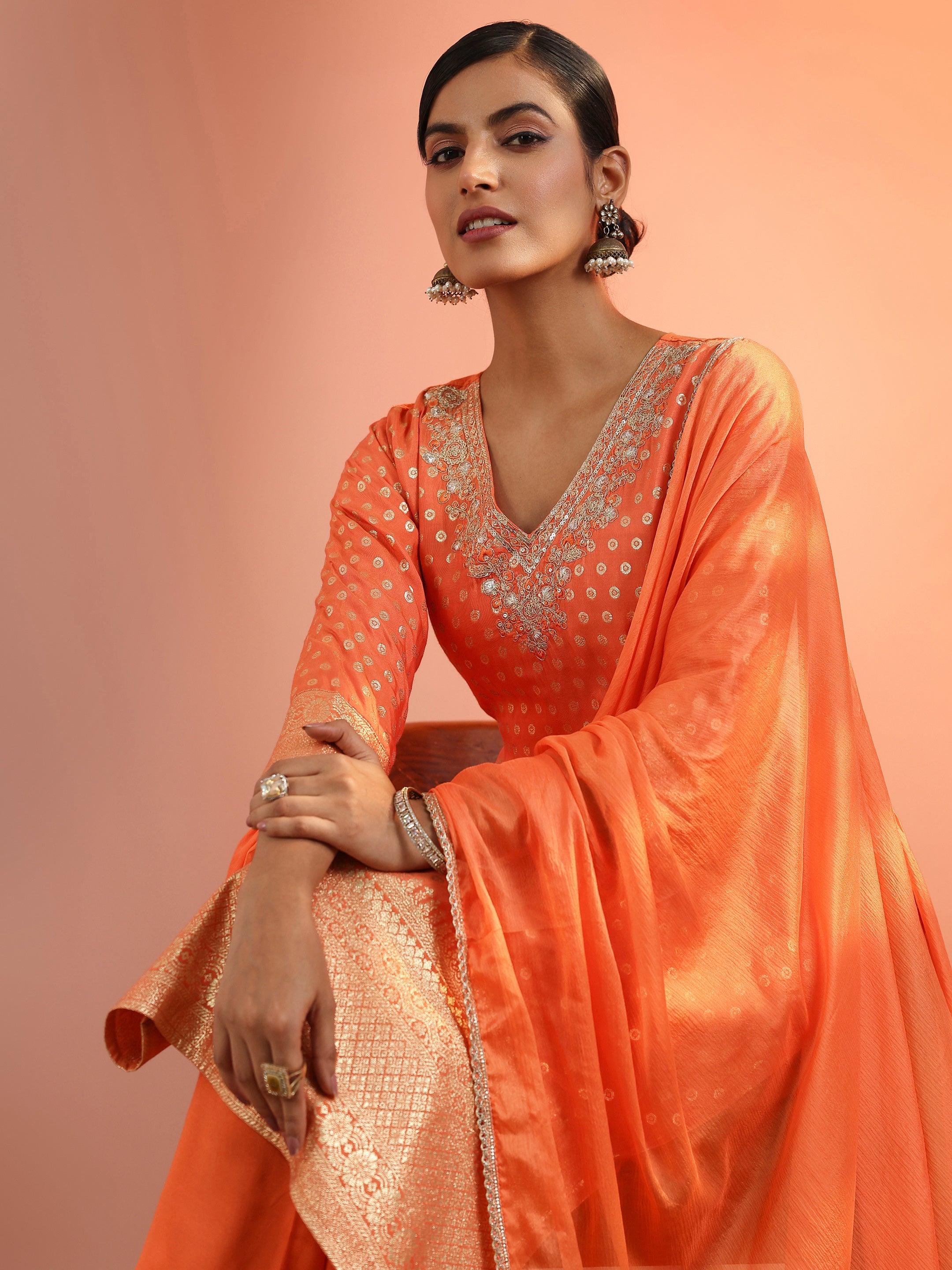 Orange Woven Design Muslin Straight Suit Set With Dupatta