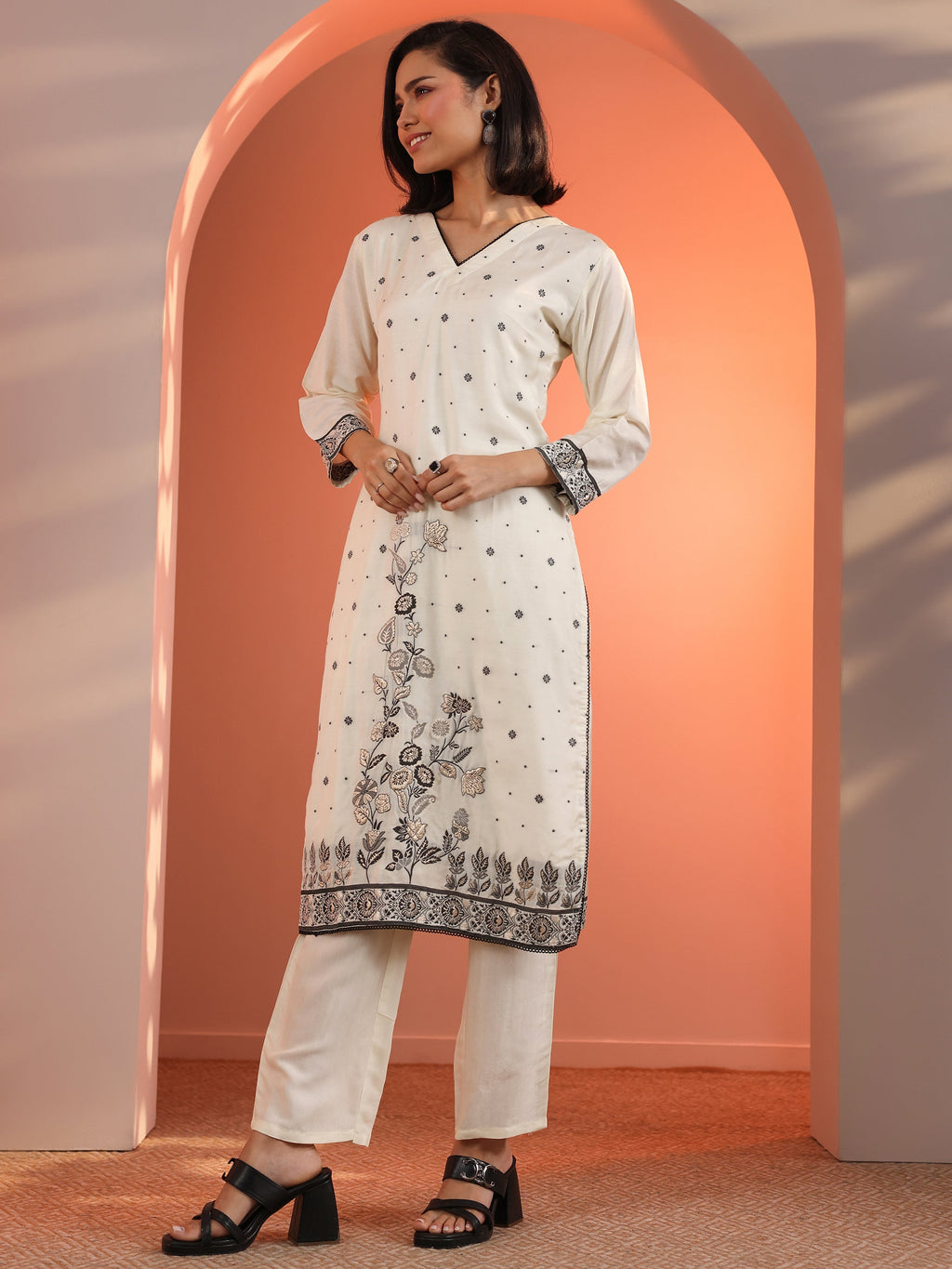Off White Woven Design Muslin Straight Suit Set With Dupatta