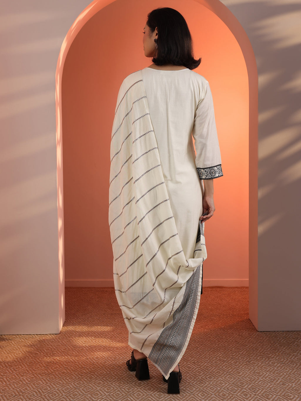 Off White Woven Design Muslin Straight Suit Set With Dupatta