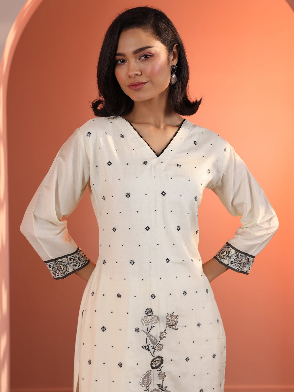 Off White Woven Design Muslin Straight Suit Set With Dupatta