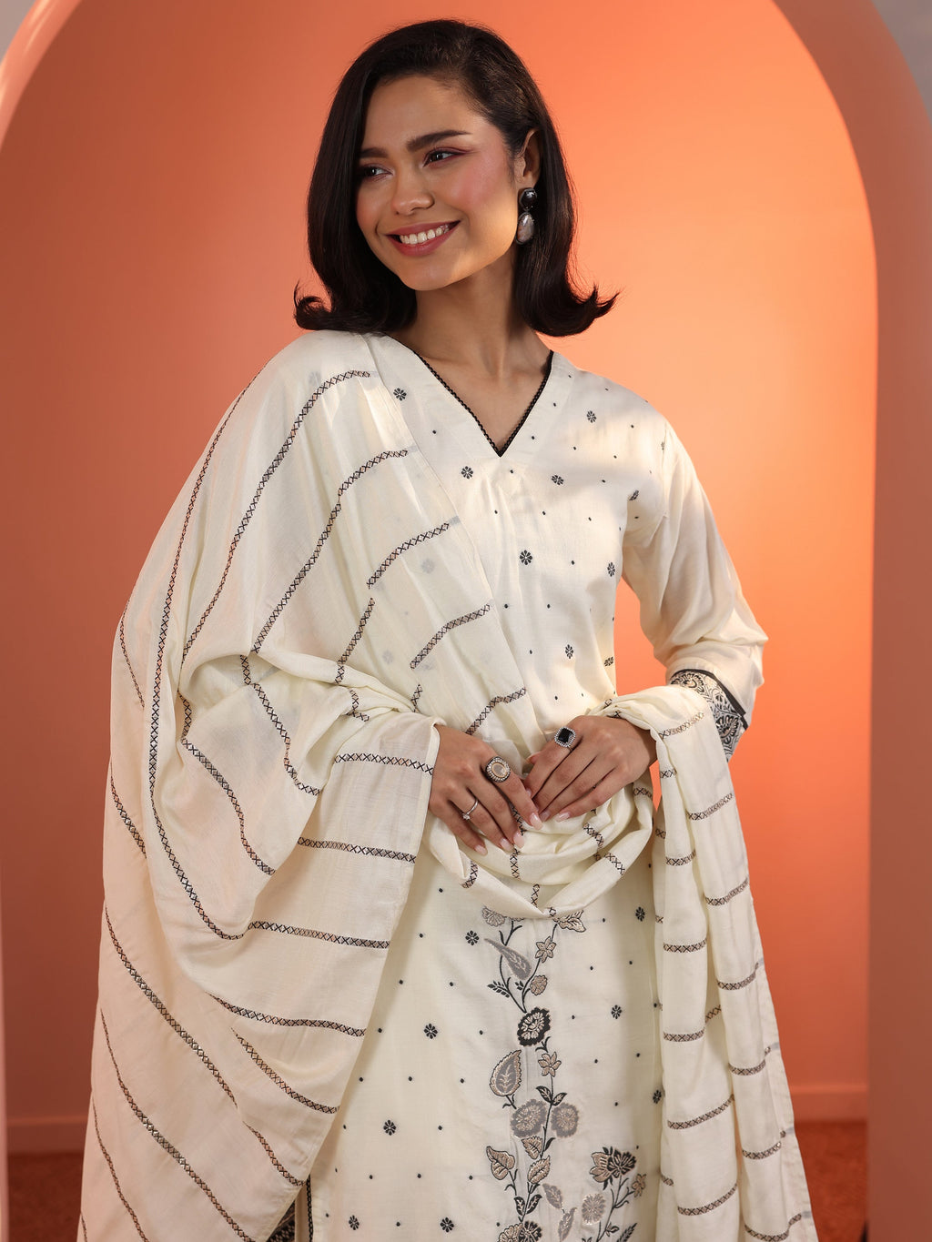 Off White Woven Design Muslin Straight Suit Set With Dupatta