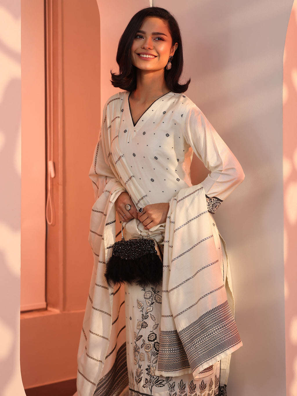 Off White Woven Design Muslin Straight Suit Set With Dupatta