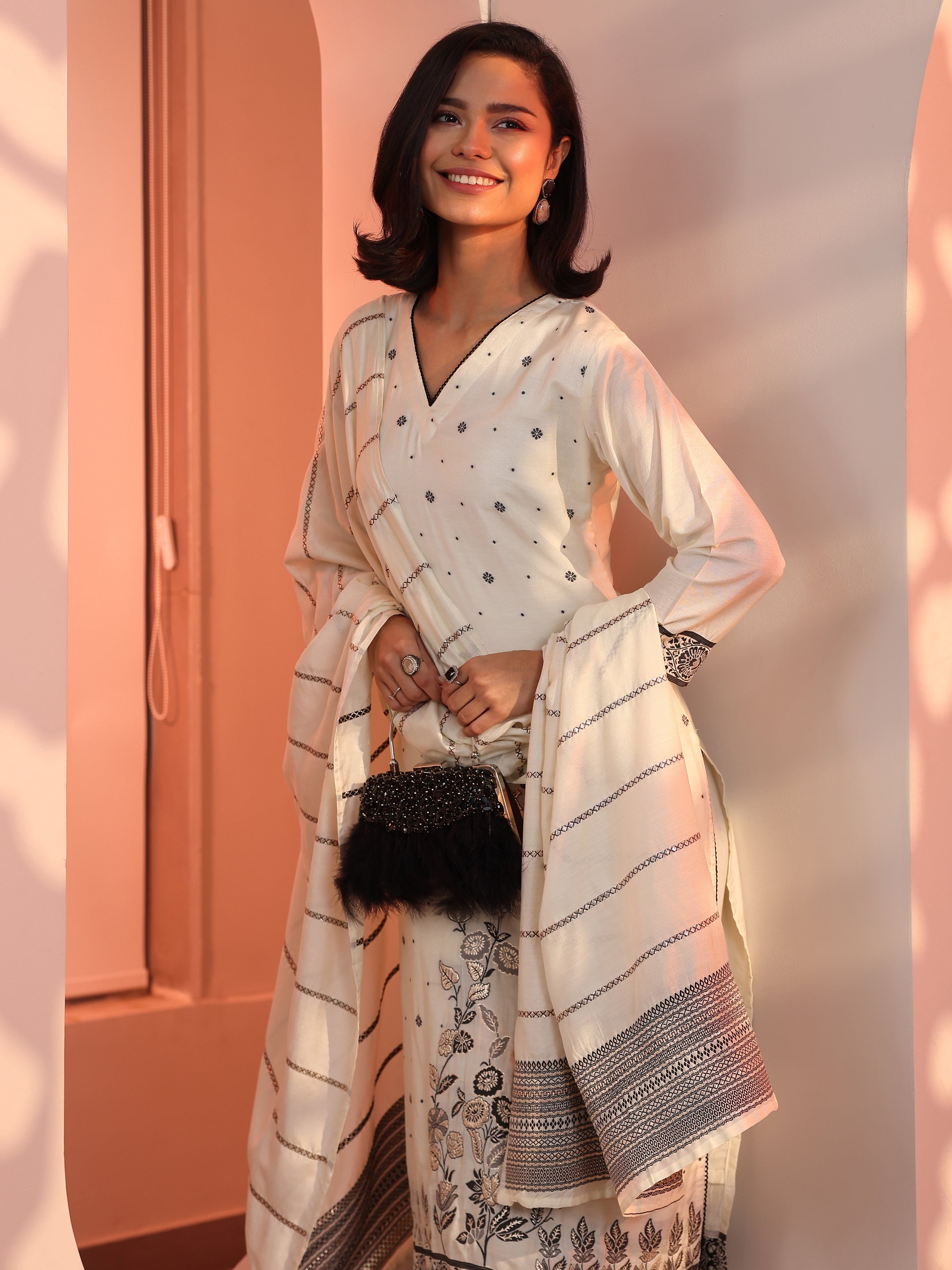 Off White Woven Design Muslin Straight Suit Set With Dupatta