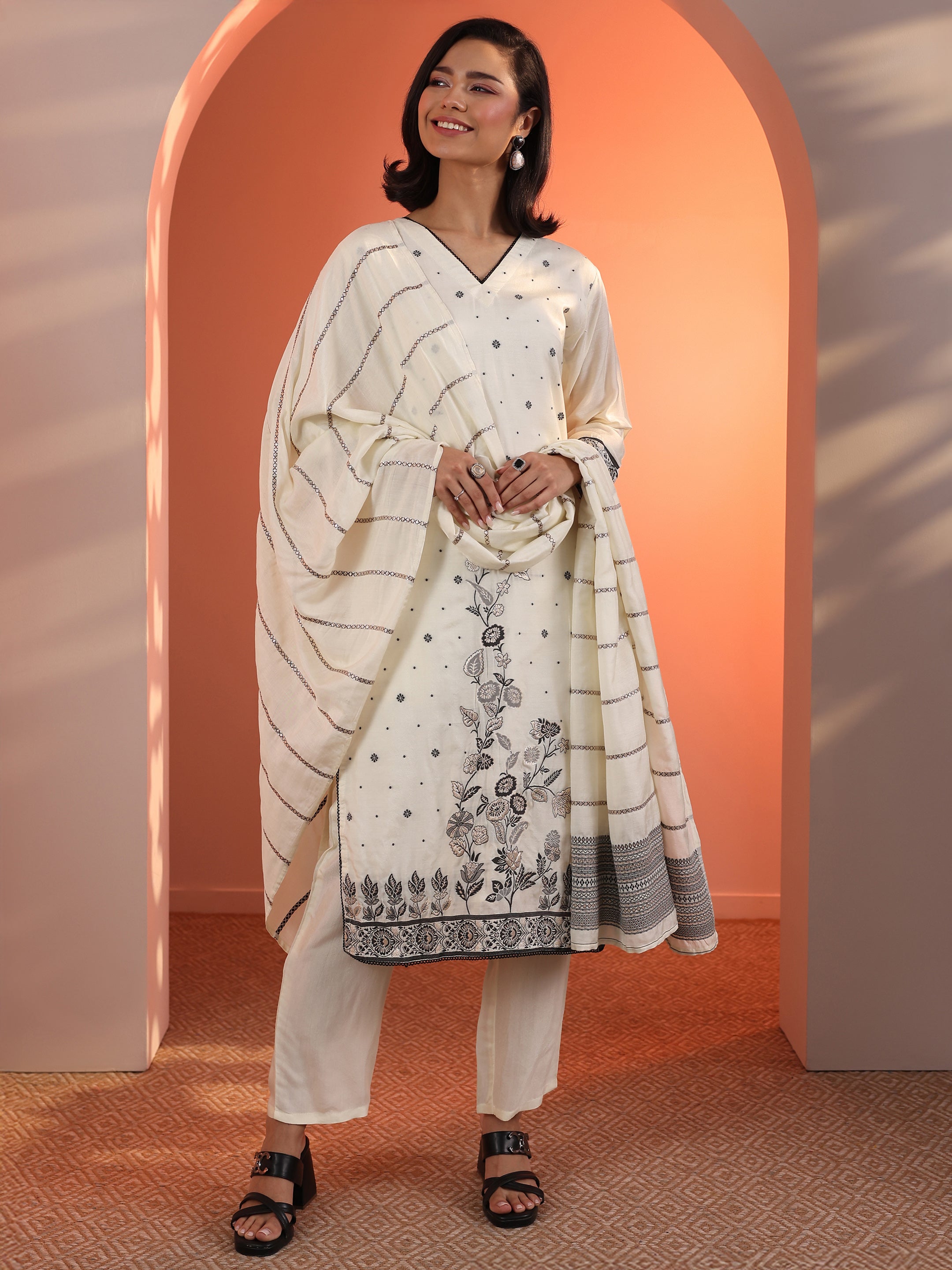 Off White Woven Design Muslin Straight Suit Set With Dupatta