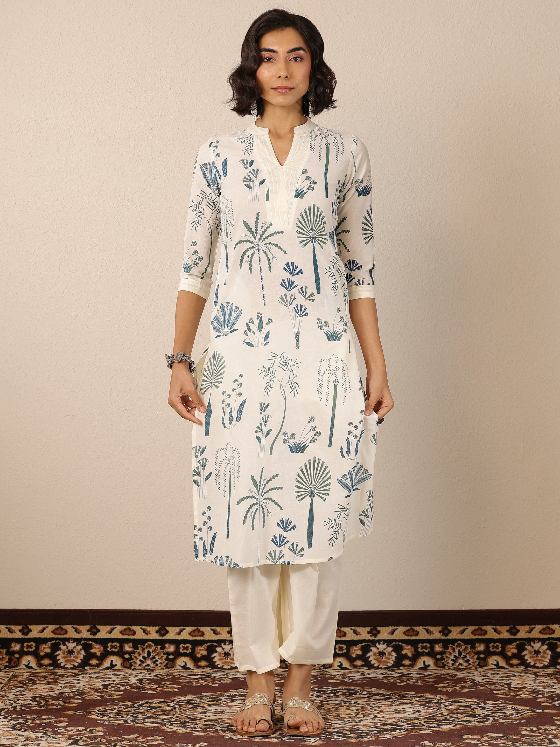 Off White Printed Cotton Straight Kurta Set