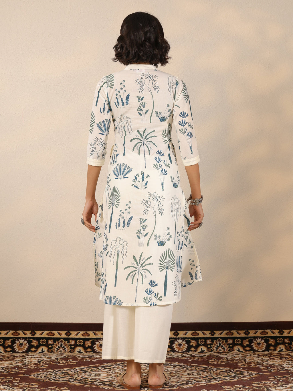 Off White Printed Cotton Straight Kurta Set