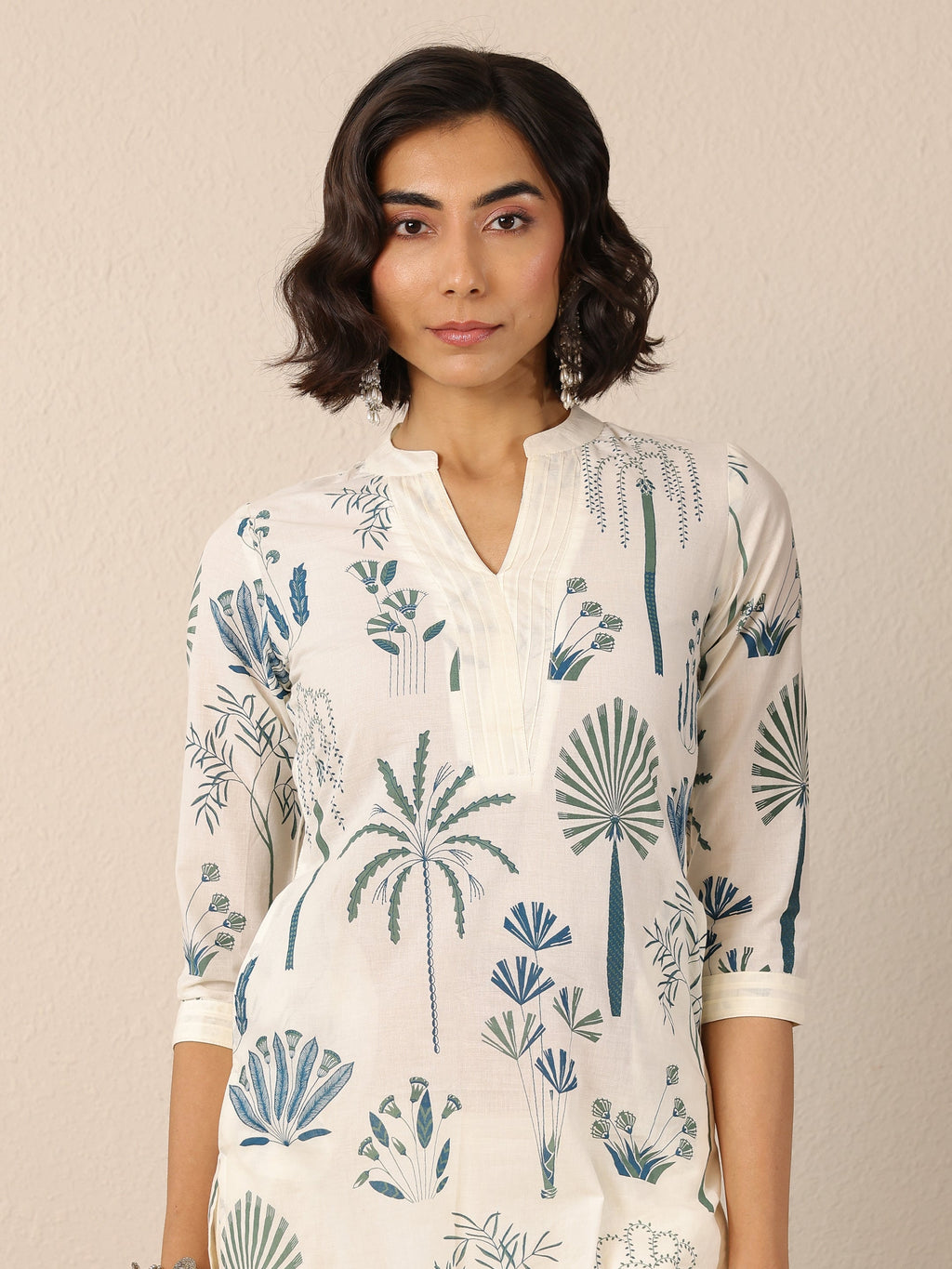 Off White Printed Cotton Straight Kurta Set